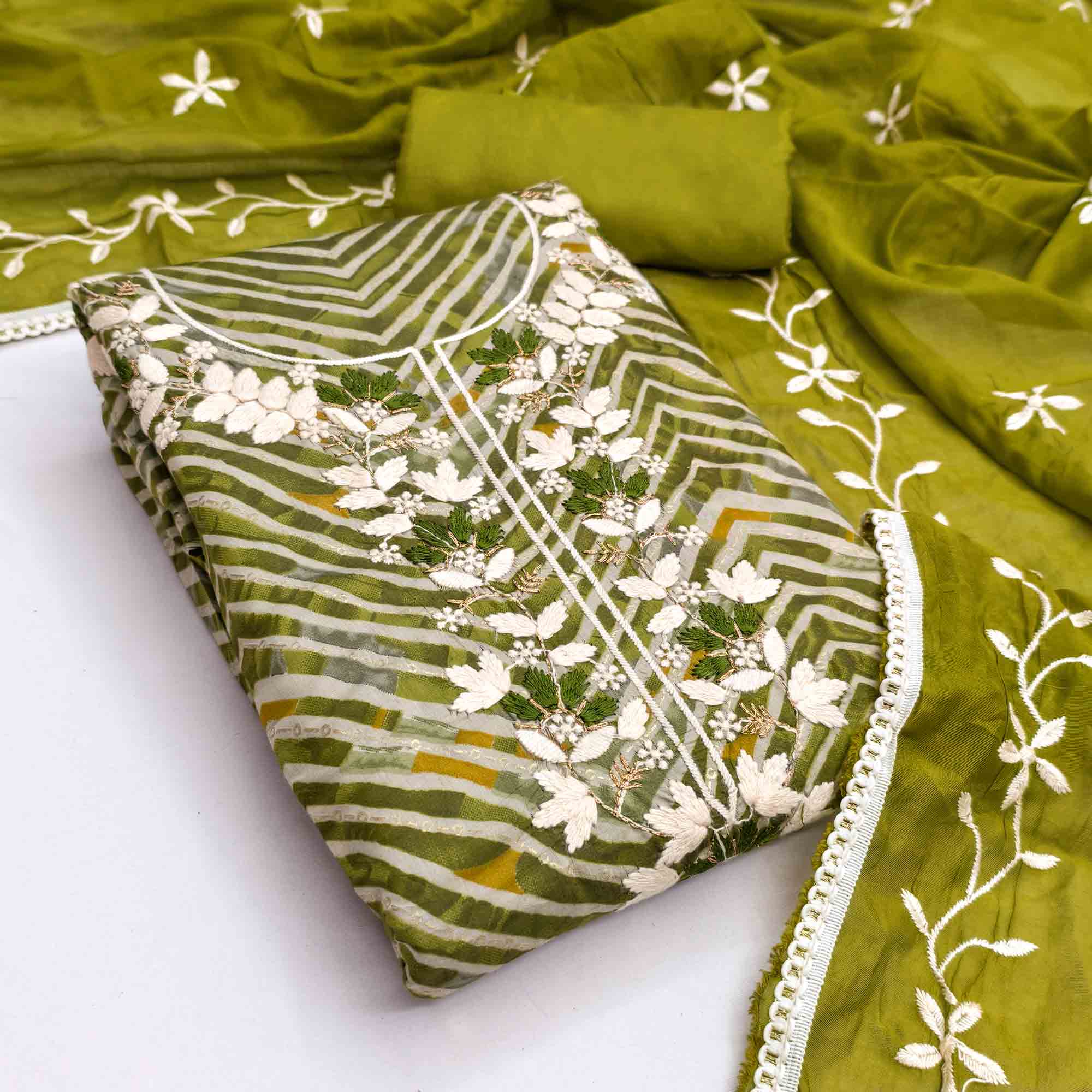 Exclusive Mehendi Green Floral Embroidered Silk Blend Dress Material With Artistic Zig Zag Print