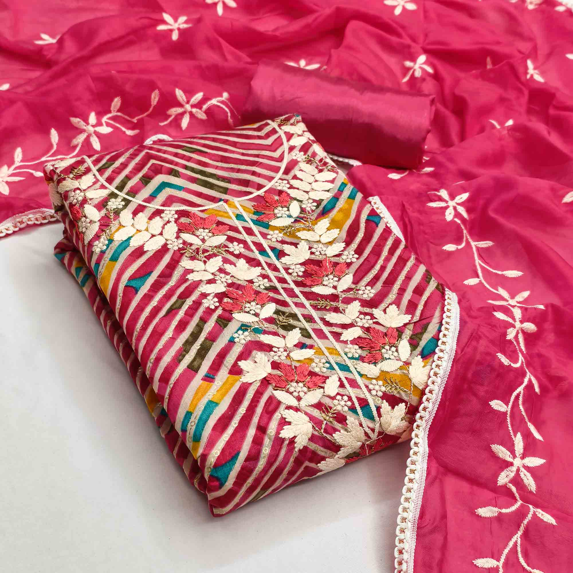 Exclusive Pink Floral Embroidered Silk Blend Dress Material With Artistic Zig Zag Print