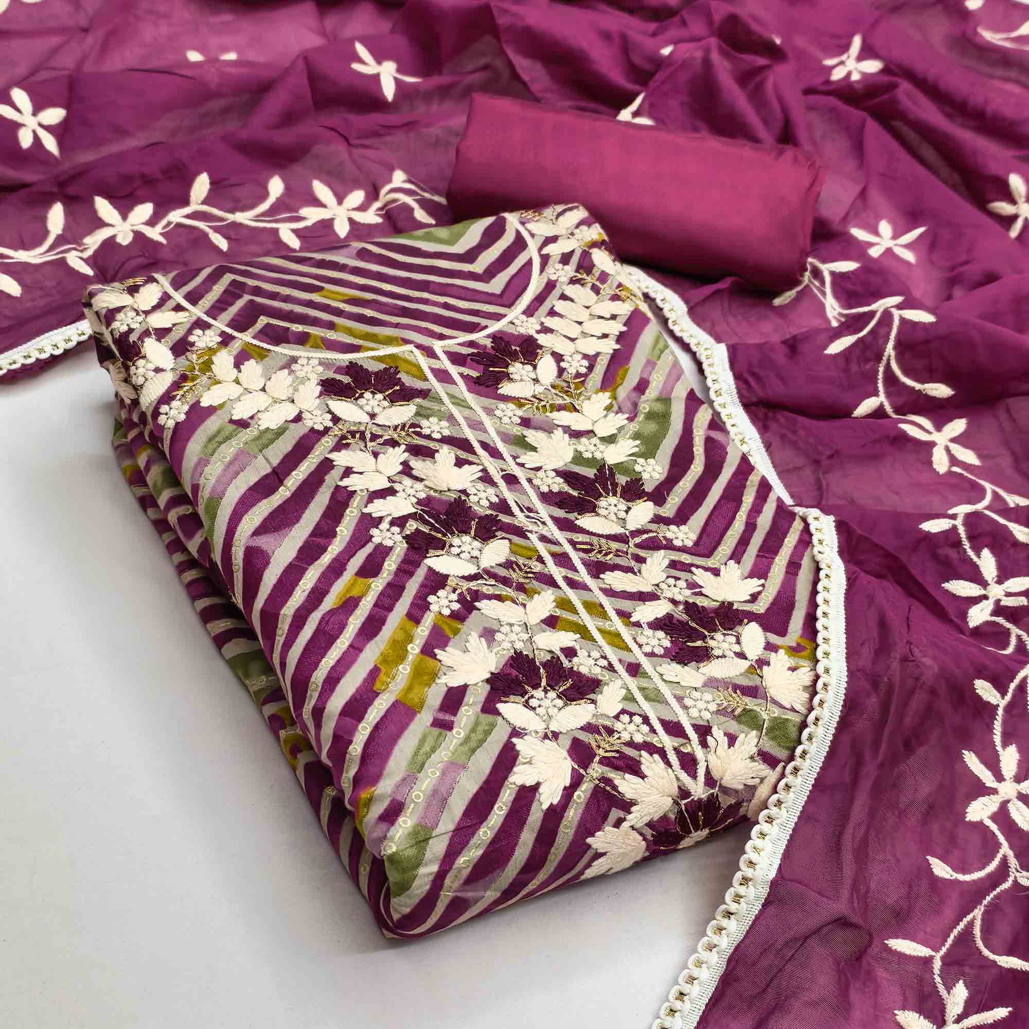 Exclusive Purple Floral Embroidered Silk Blend Dress Material With Artistic Zig Zag Print