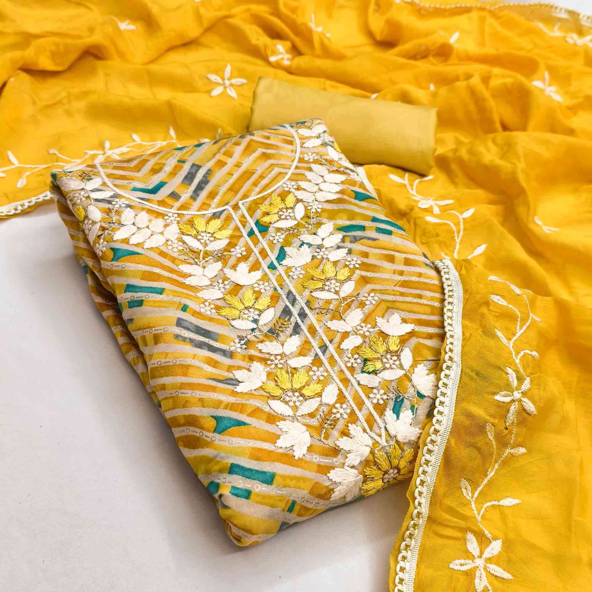 Exclusive Yellow Floral Embroidered Silk Blend Dress Material With Artistic Zig Zag Print