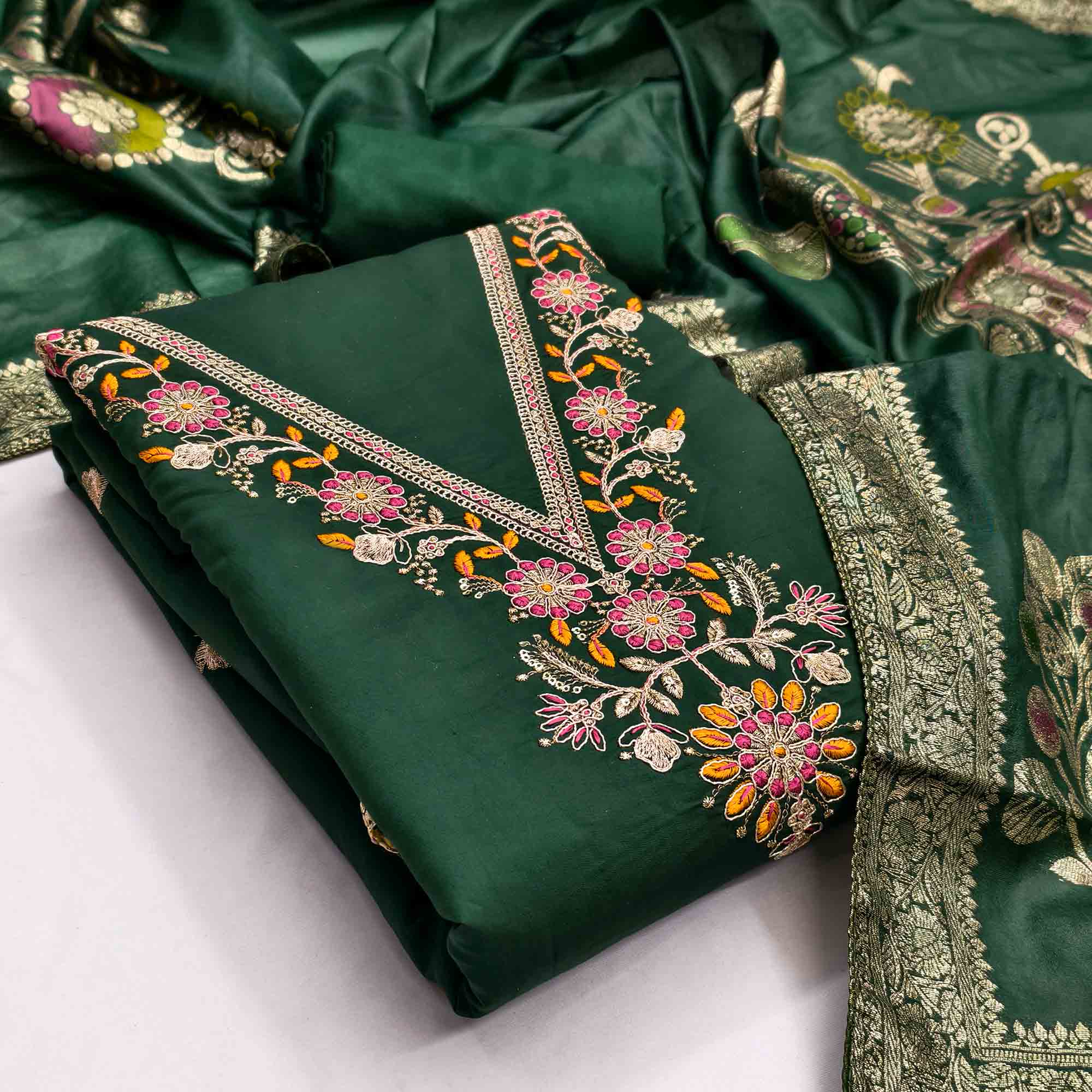 Exclusive Bottle Green Floral Cording Embroidered Silk Blend Dress Material With Luxe Sequins Work
