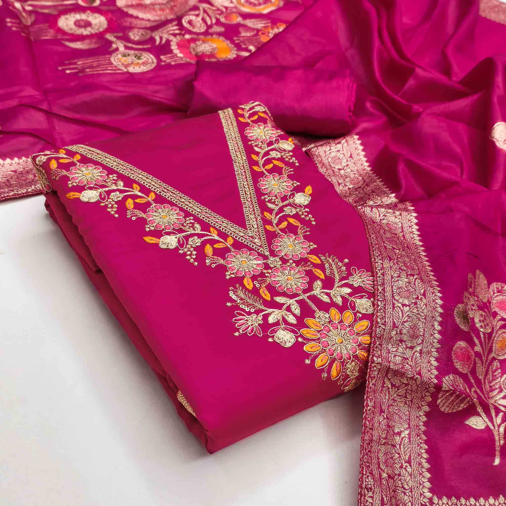 Exclusive Rani Pink Floral Cording Embroidered Silk Blend Dress Material With Luxe Sequins Work