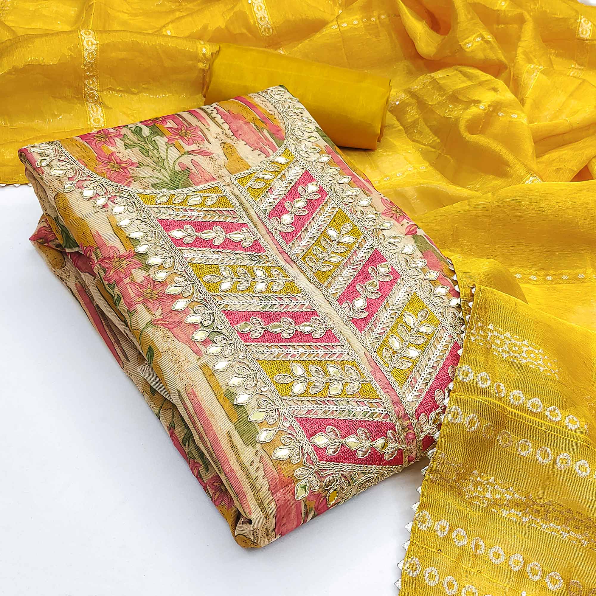 Yellow Floral Digital Printed Shimmer Silk Dress Material With Elegant Embroidery & Gota Patti Work