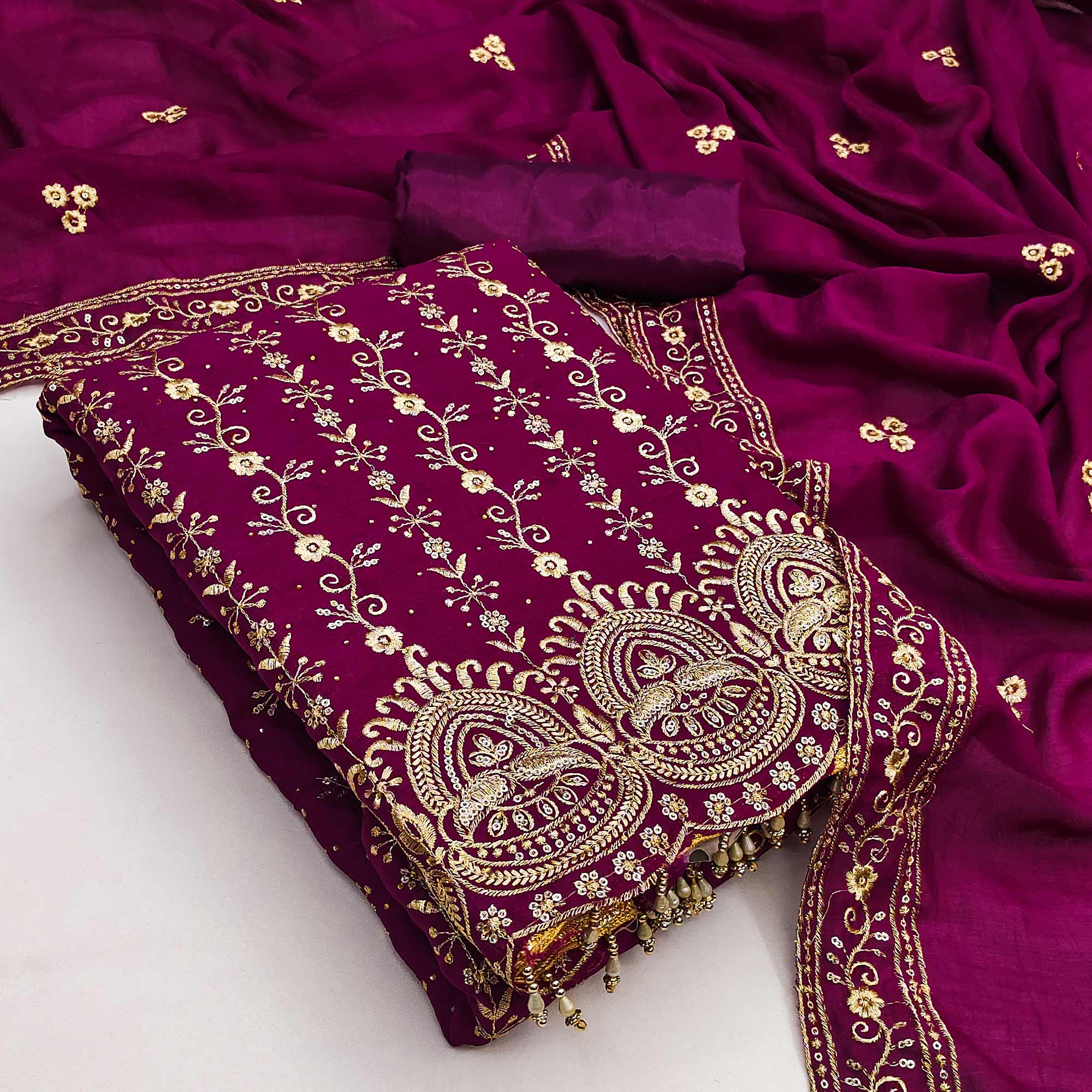 Purple Floral Vichitra Silk Dress Material Adorned With Floral Embroidery & Swarovski Work