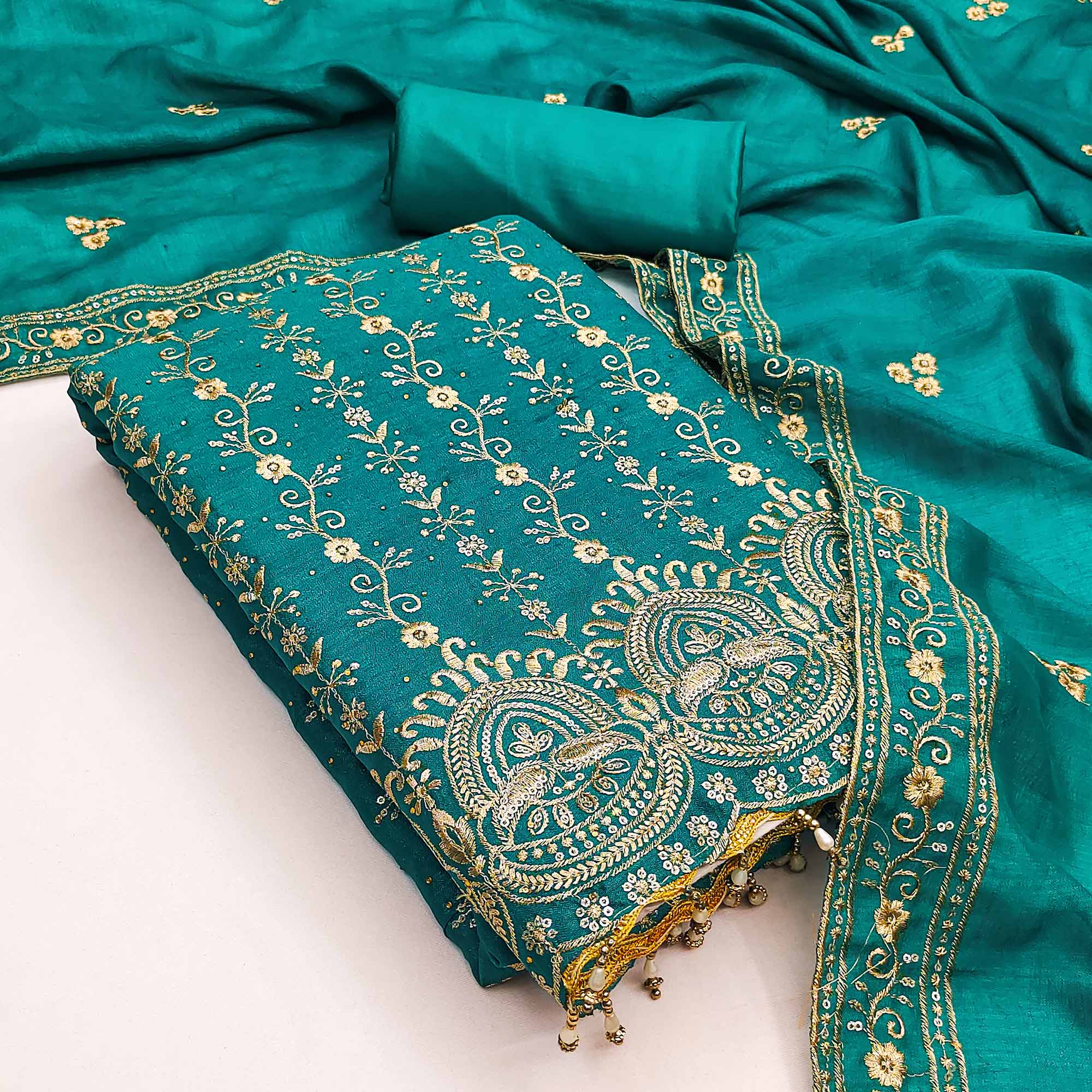 Rama Blue Floral Vichitra Silk Dress Material Adorned With Floral Embroidery & Swarovski Work