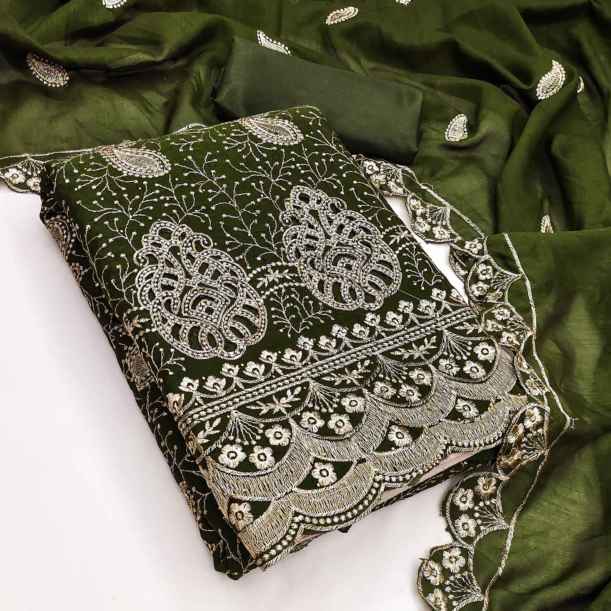 Mehendi Green Vichitra Silk Dress Material Showcasing Paisley & Floral Embroidery With Swarovski