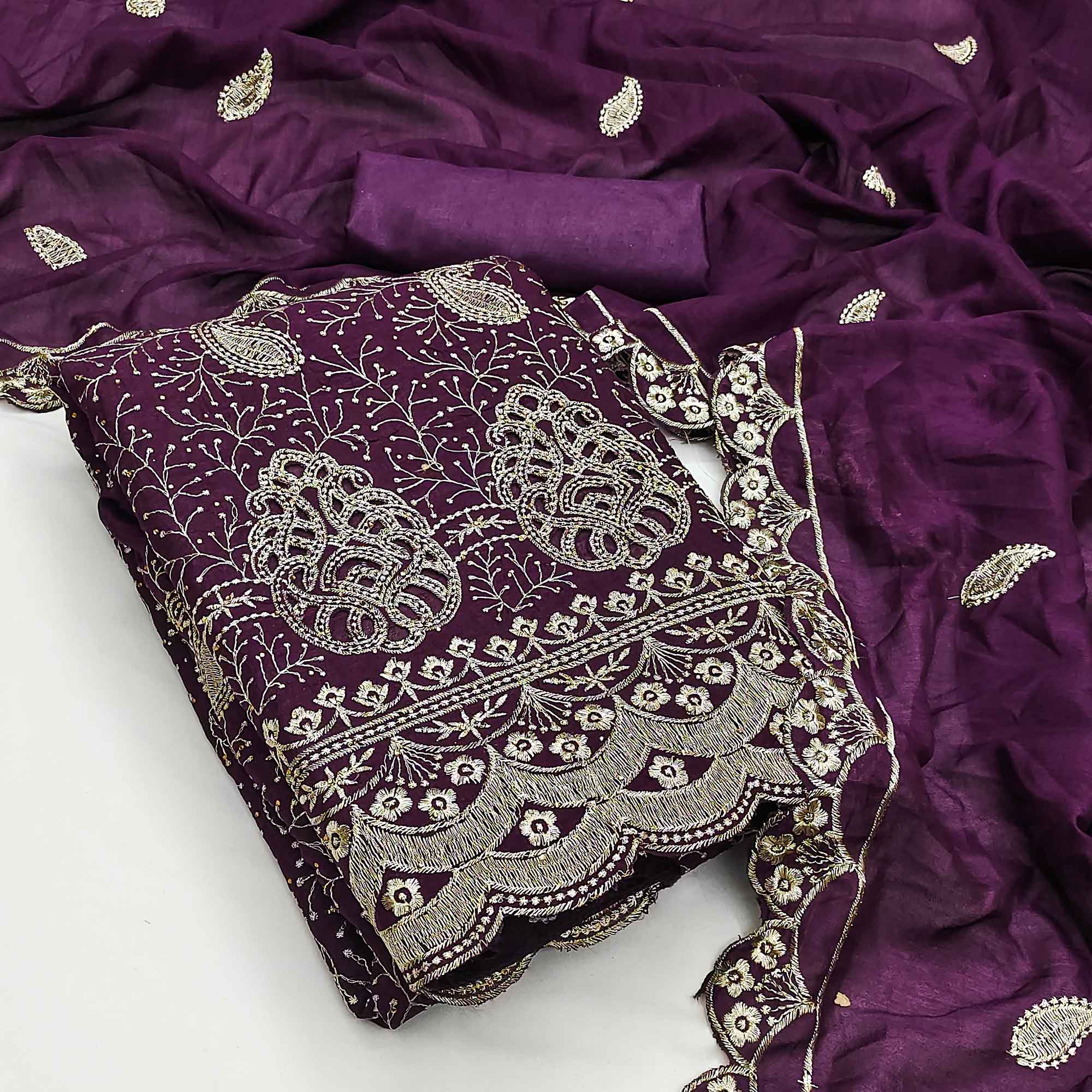 Purple Vichitra Silk Dress Material Showcasing Paisley & Floral Embroidery With Swarovski
