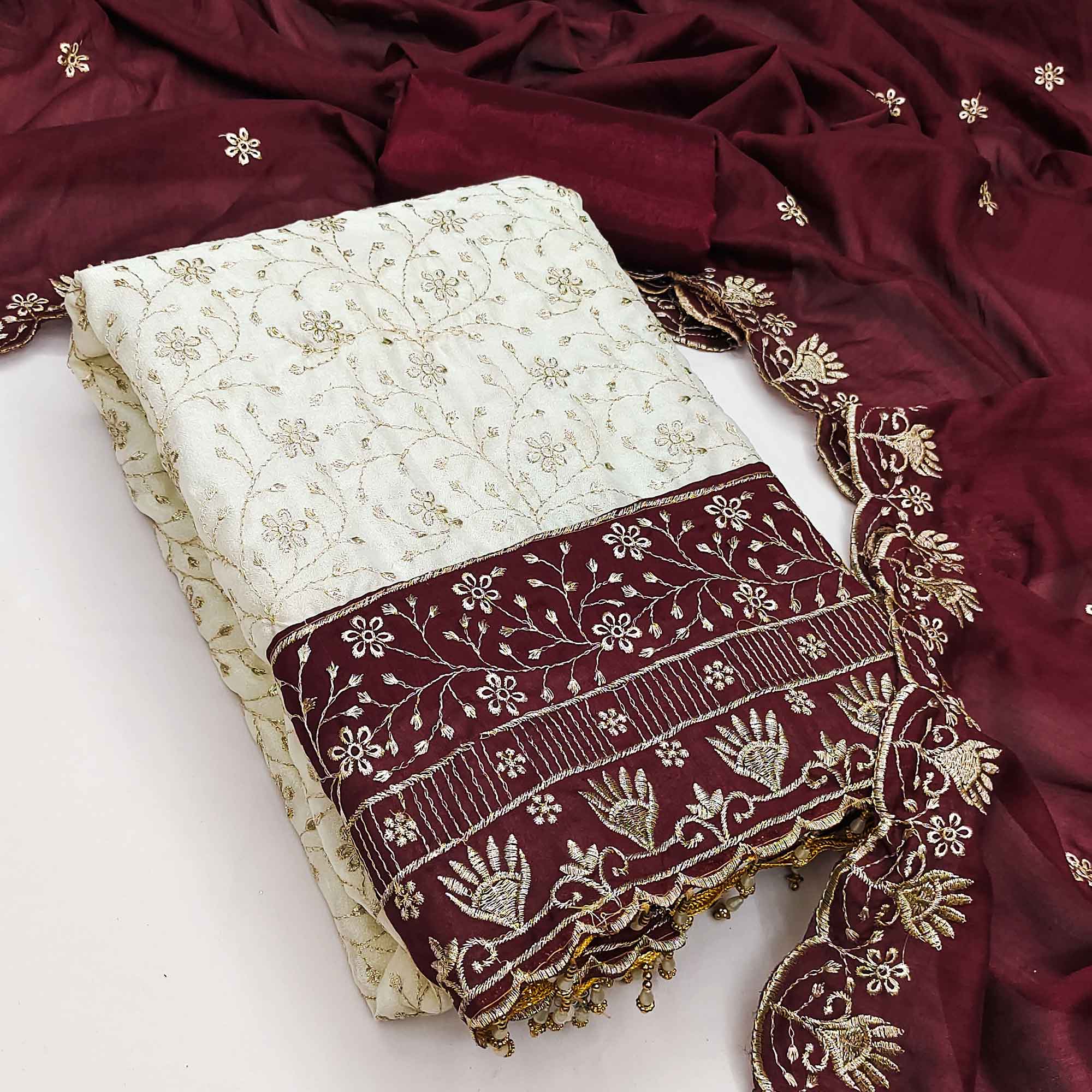Chic OffWhite & Maroon Vichitra Silk Dress Material Adorned With Floral Embroidery
