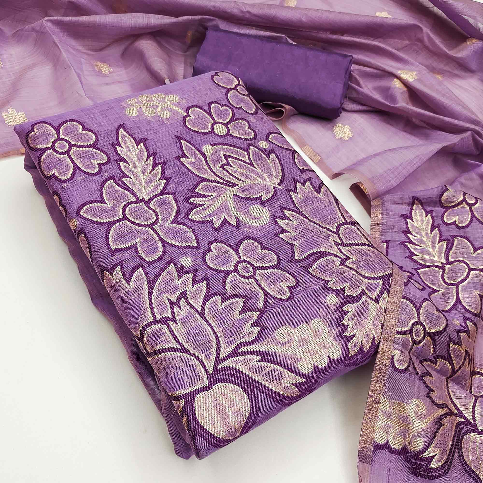 Graceful Lavender Jamdani Art Silk Dress Material Adorned With Intricate Floral Weaving Work