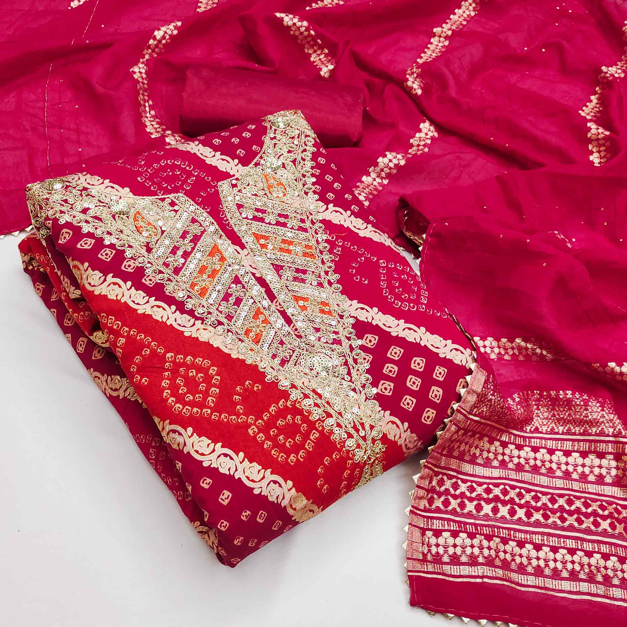 Charming Rani Pink Roman Art Silk Dress Material With Bandhani Prints & Floral Cording Embroidery