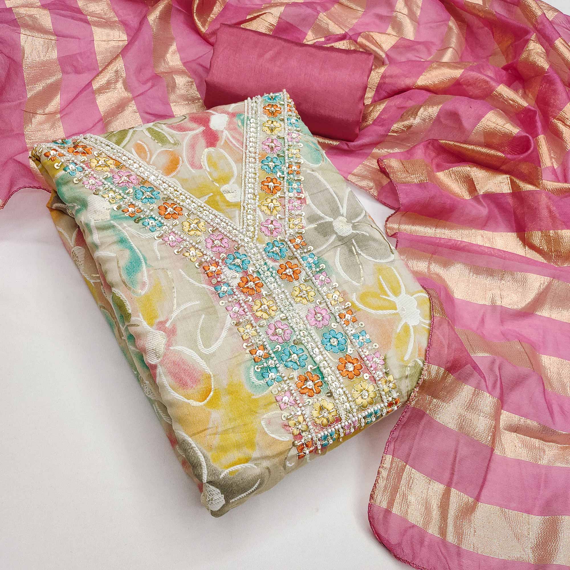 Vibrant Pink Floral Printed Roman Art Silk Dress Material Adorned With Sparkling Beads & Sequins