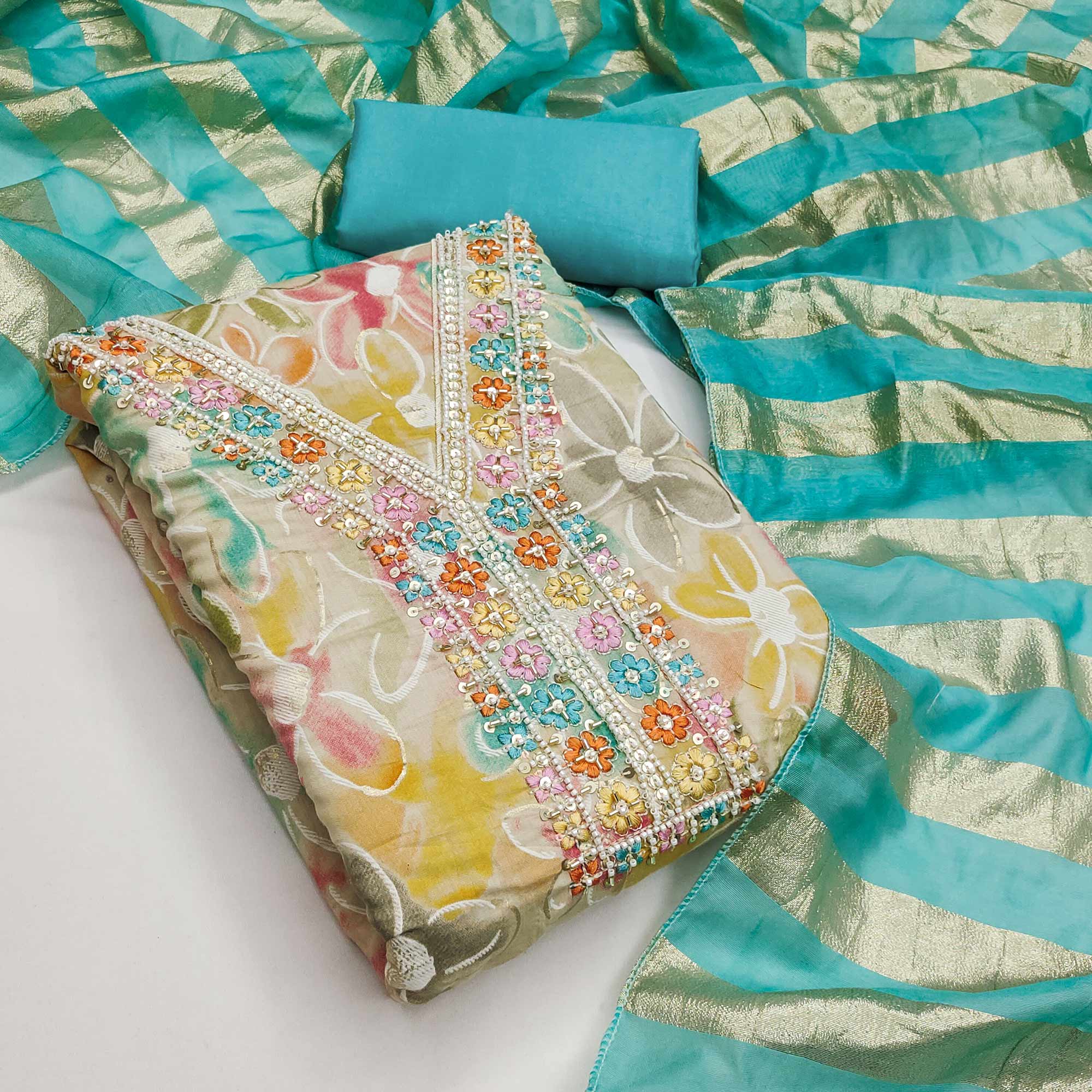 Vibrant Turquoise Floral Printed Roman Art Silk Dress Material Adorned With Beads & Sequins