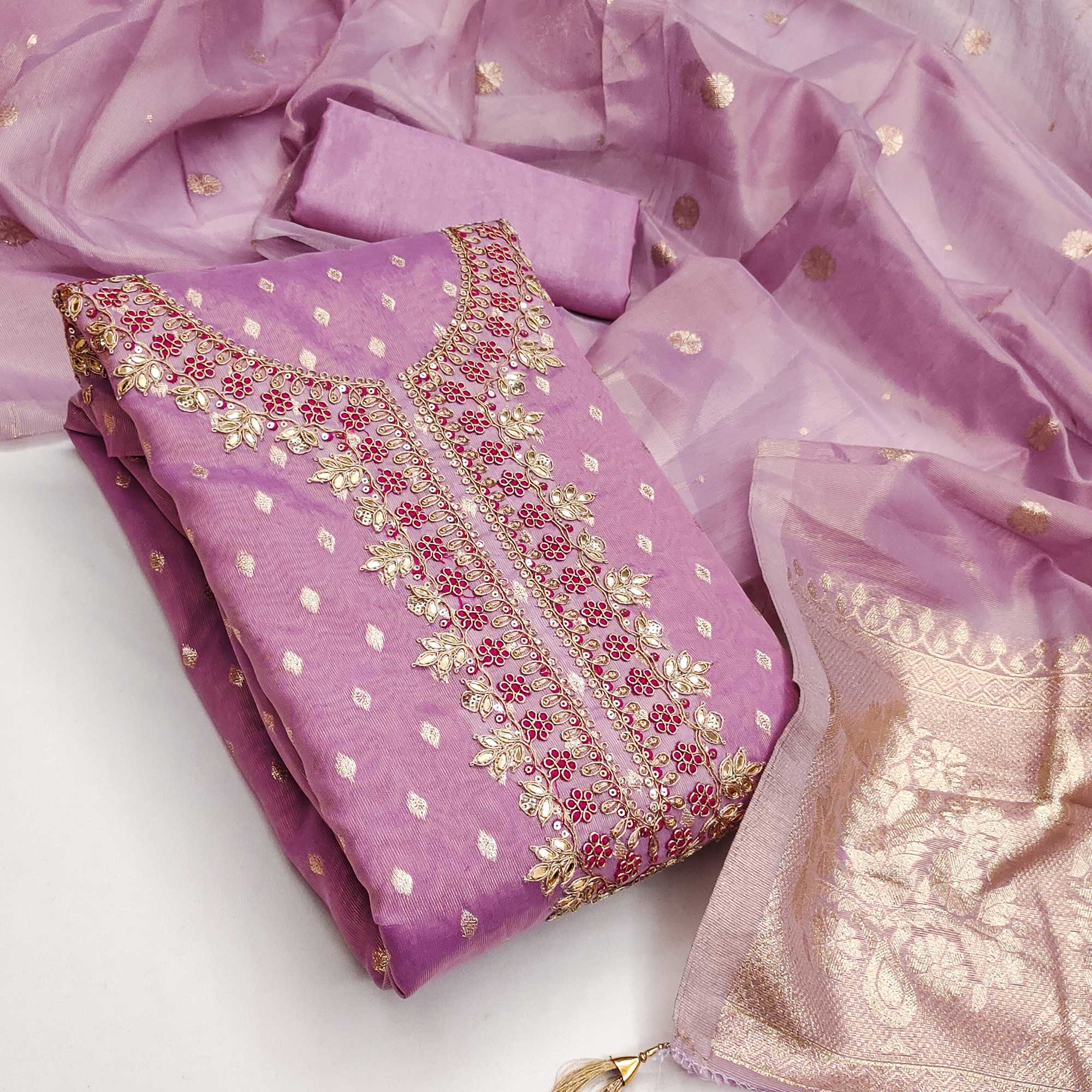 Radiant Lavender Jacquard Butti Shimmer Silk Dress Material With Elegant Cording Sequins Embroidery