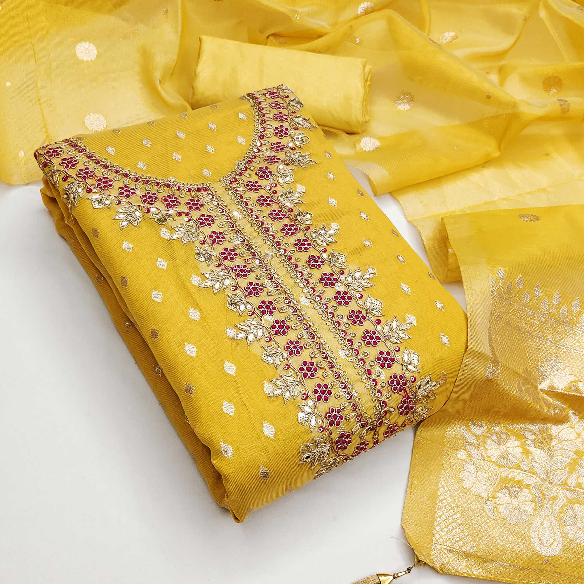 Radiant Yellow Jacquard Butti Shimmer Silk Dress Material With Elegant Cording Sequins Embroidery