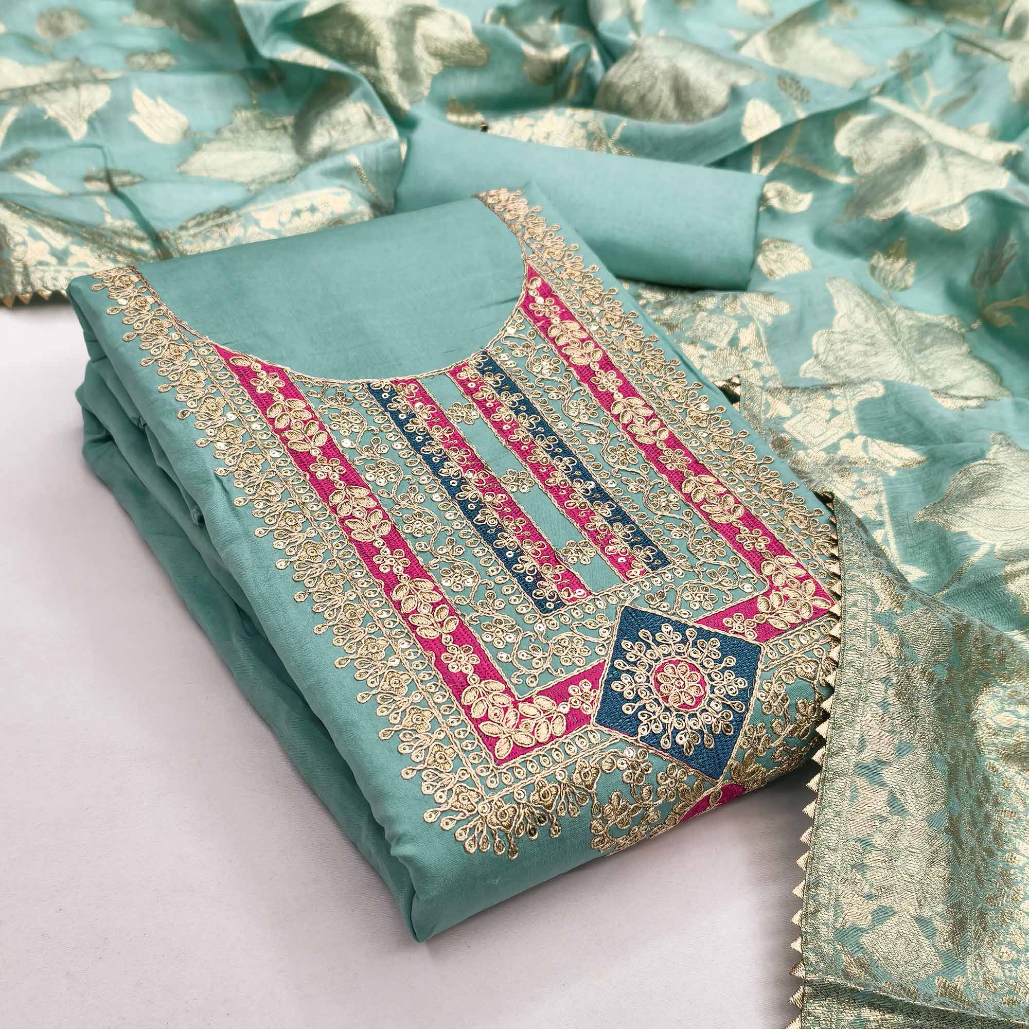 Elegant Blue Art Silk Dress Material Adorned With Floral Cording & Sequins Embroidery