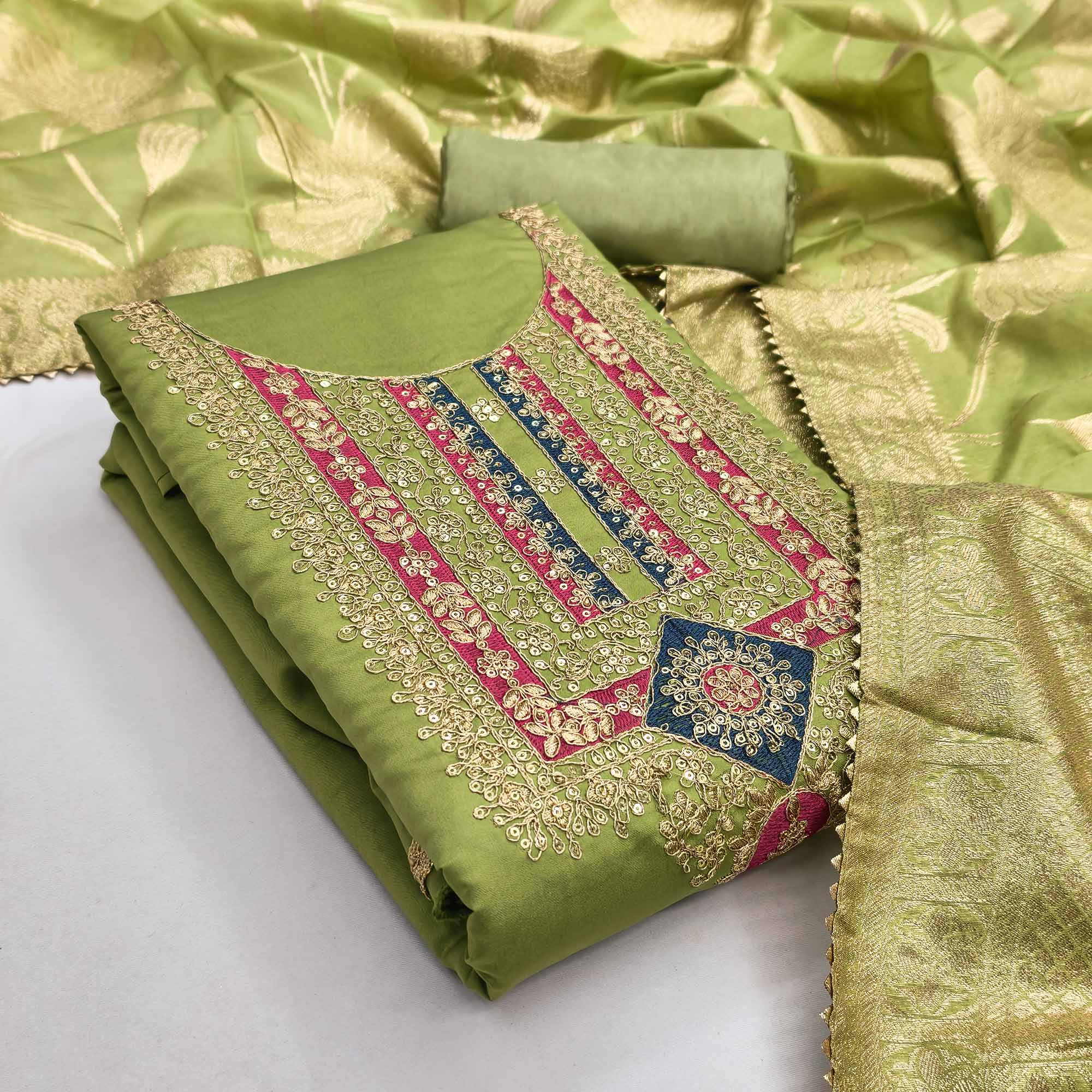 Elegant Green Art Silk Dress Material Adorned With Floral Cording & Sequins Embroidery