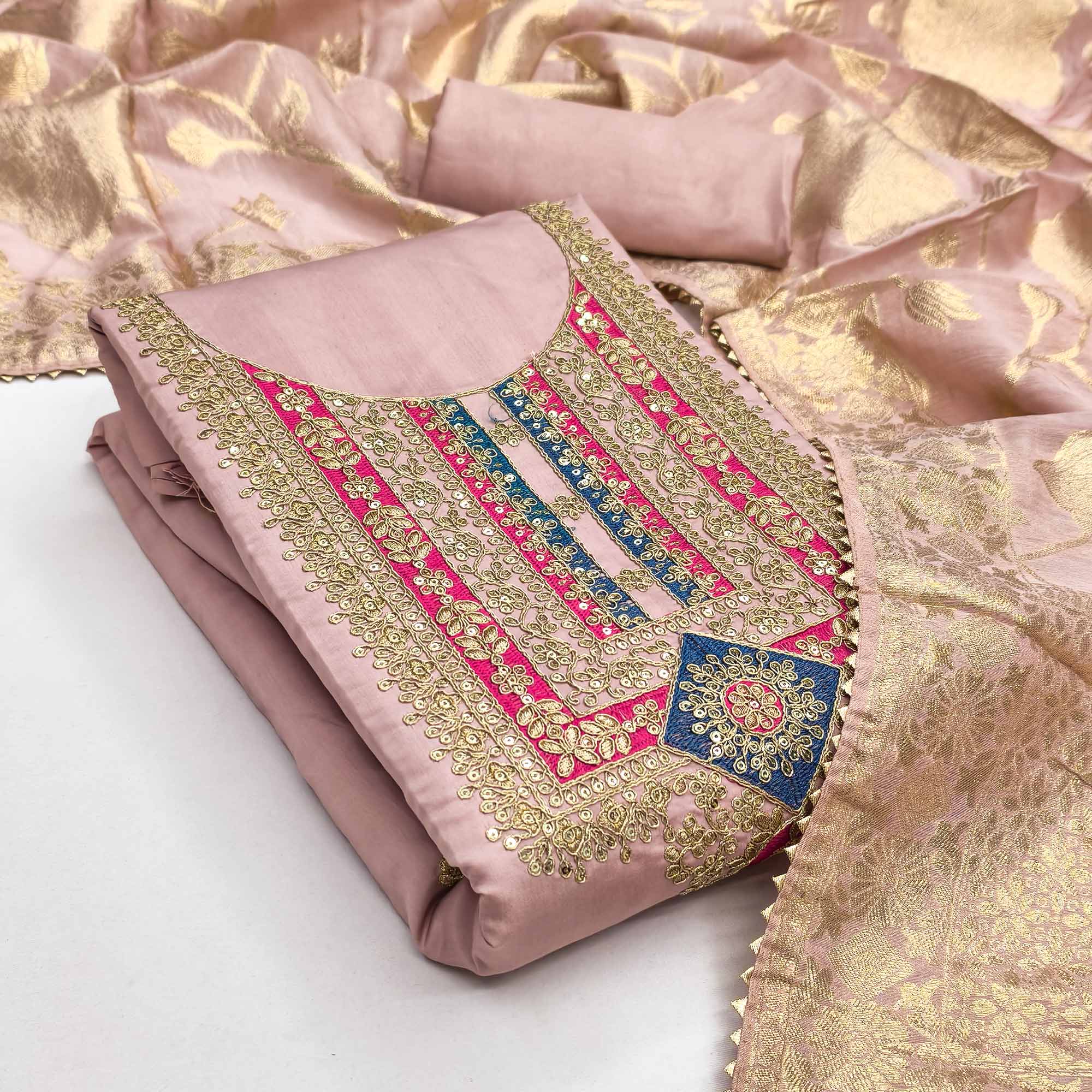 Elegant Peach Art Silk Dress Material Adorned With Floral Cording & Sequins Embroidery