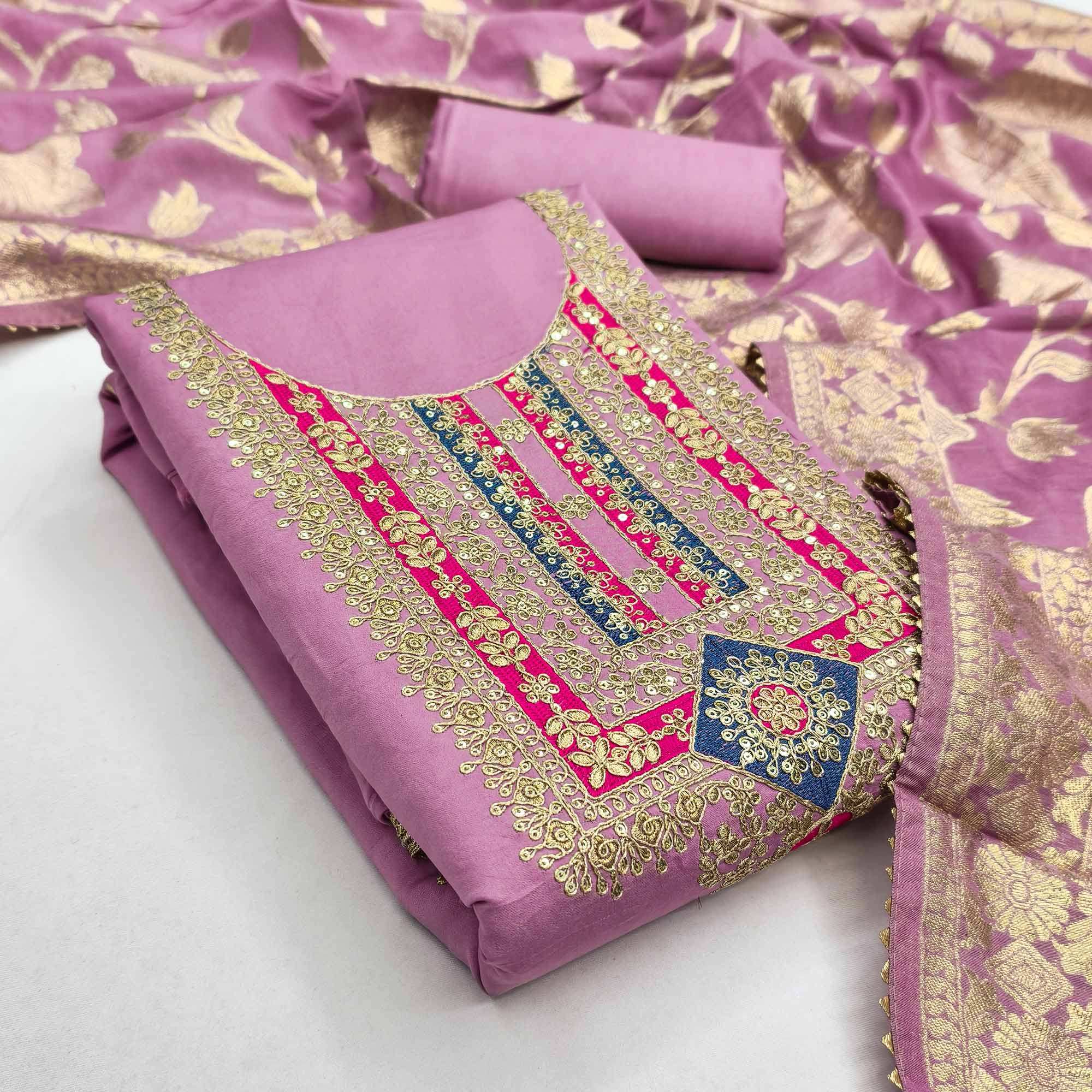 Elegant Pink Art Silk Dress Material Adorned With Floral Cording & Sequins Embroidery