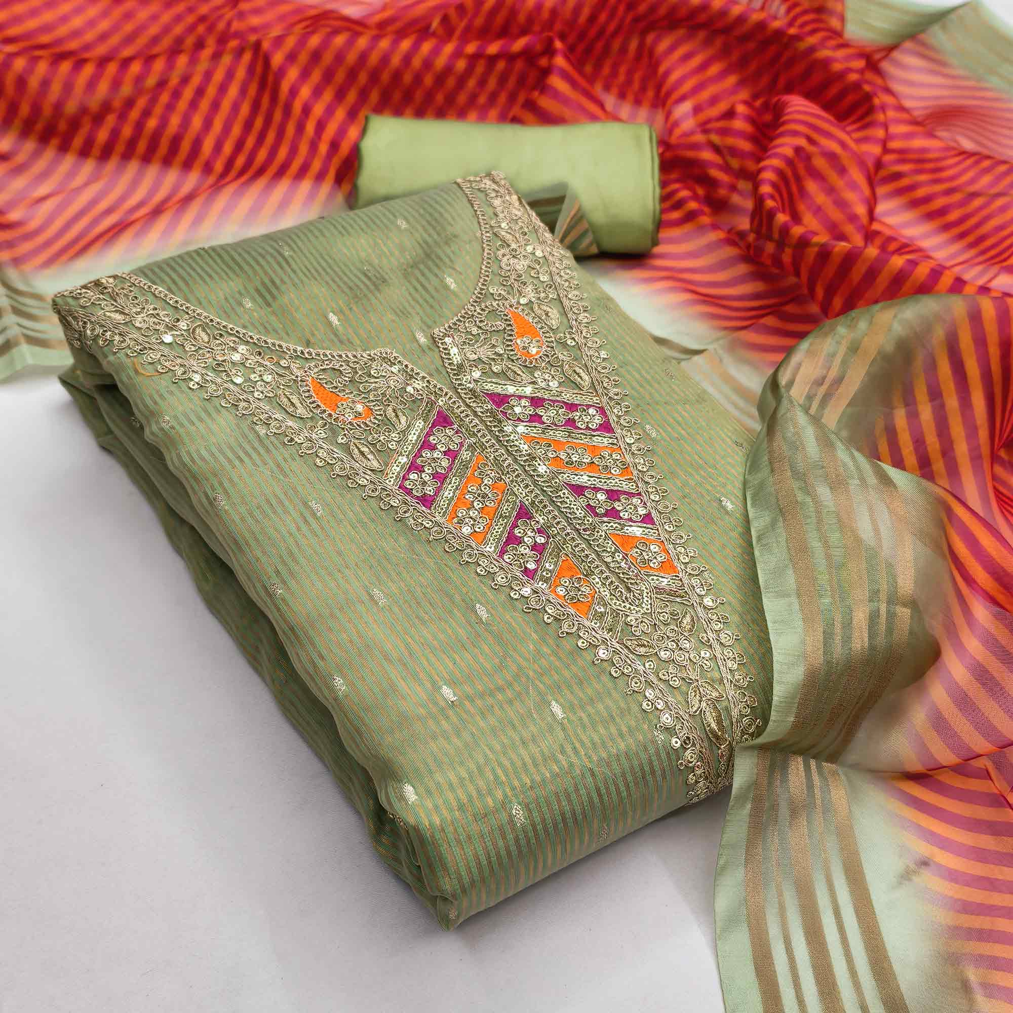 Premium Green Shimmer Dress Material With Detailed Butti Weaving & Cording Embroidery