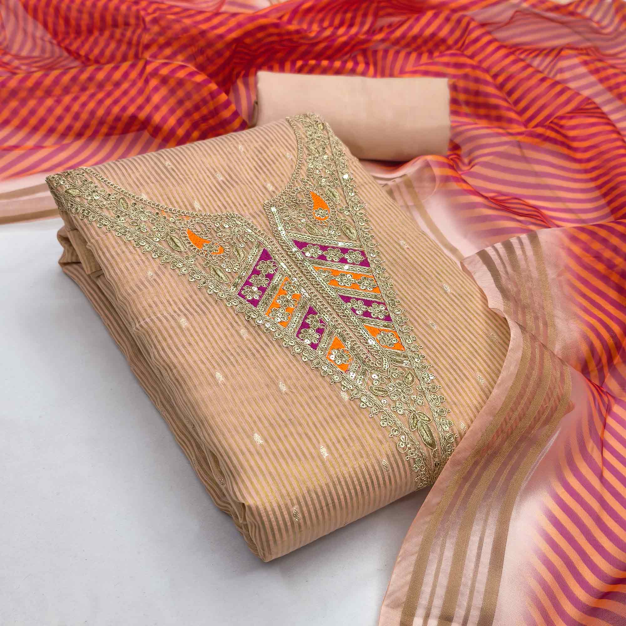 Premium Peach Shimmer Dress Material With Detailed Butti Weaving & Cording Embroidery