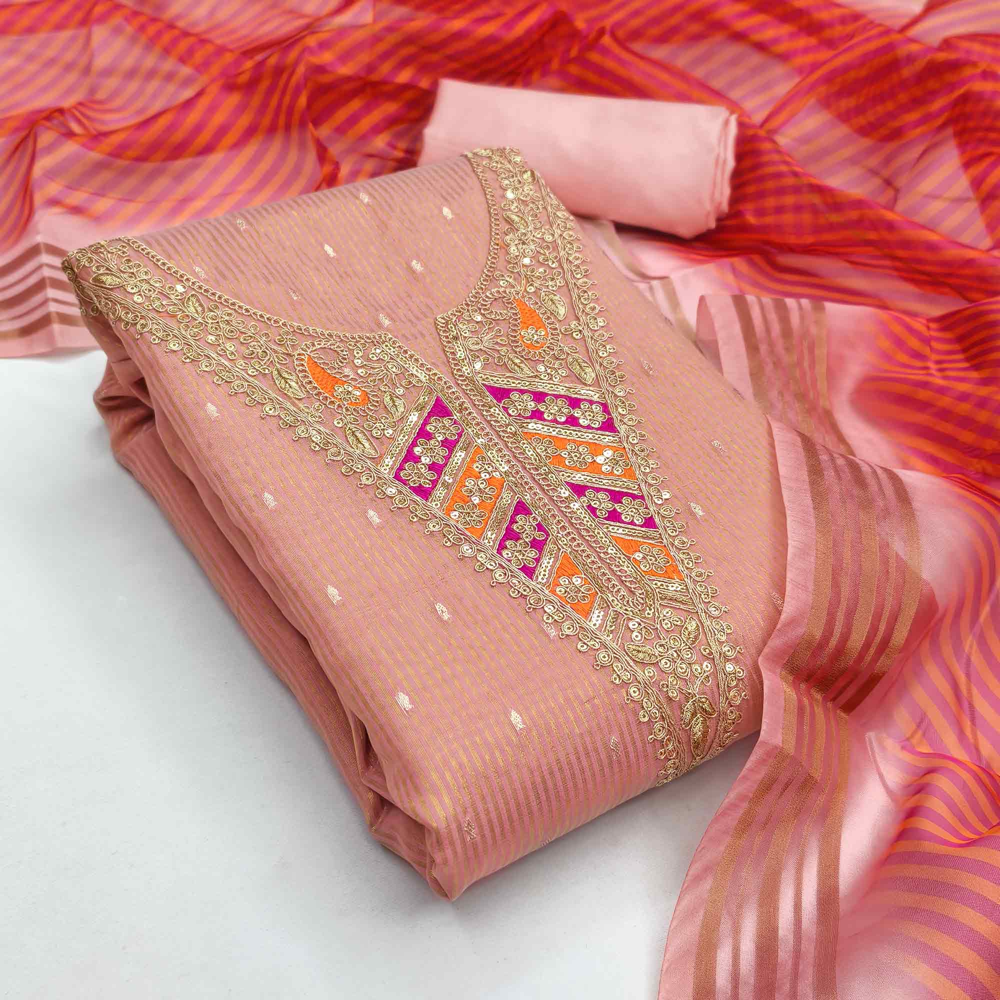 Premium Pink Shimmer Dress Material With Detailed Butti Weaving & Cording Embroidery