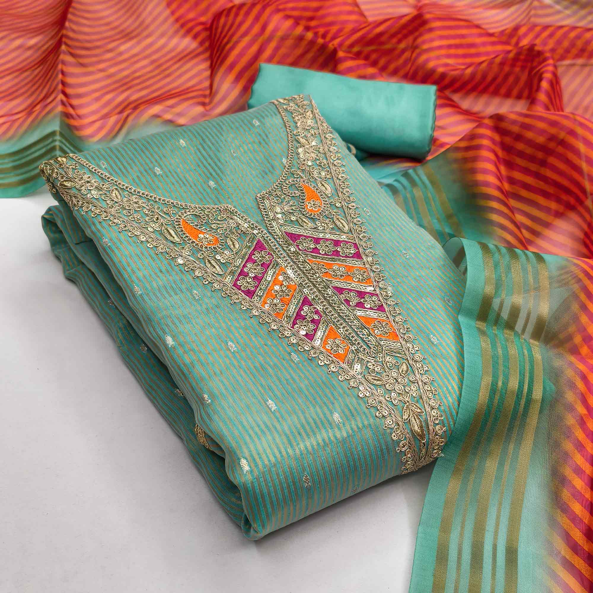 Premium Turquoise Shimmer Dress Material With Detailed Butti Weaving & Cording Embroidery