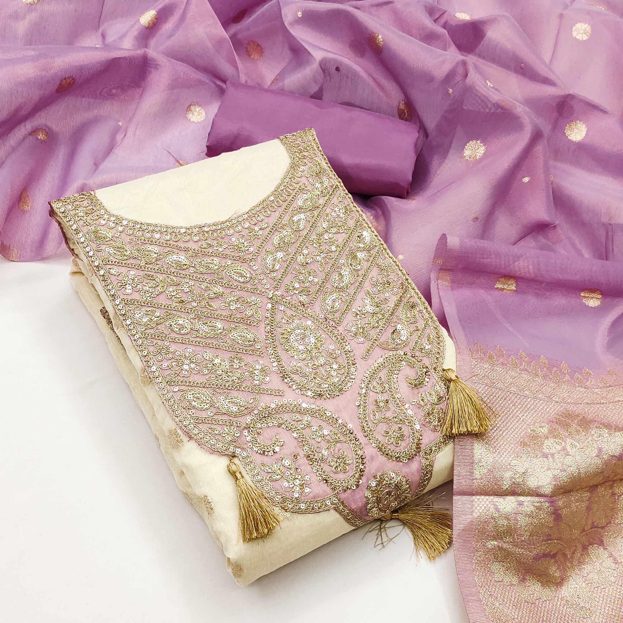 Cream & Lavender Butti Weaving Shimmer Silk Dress Material Accented With Sequins Cording Embroidery