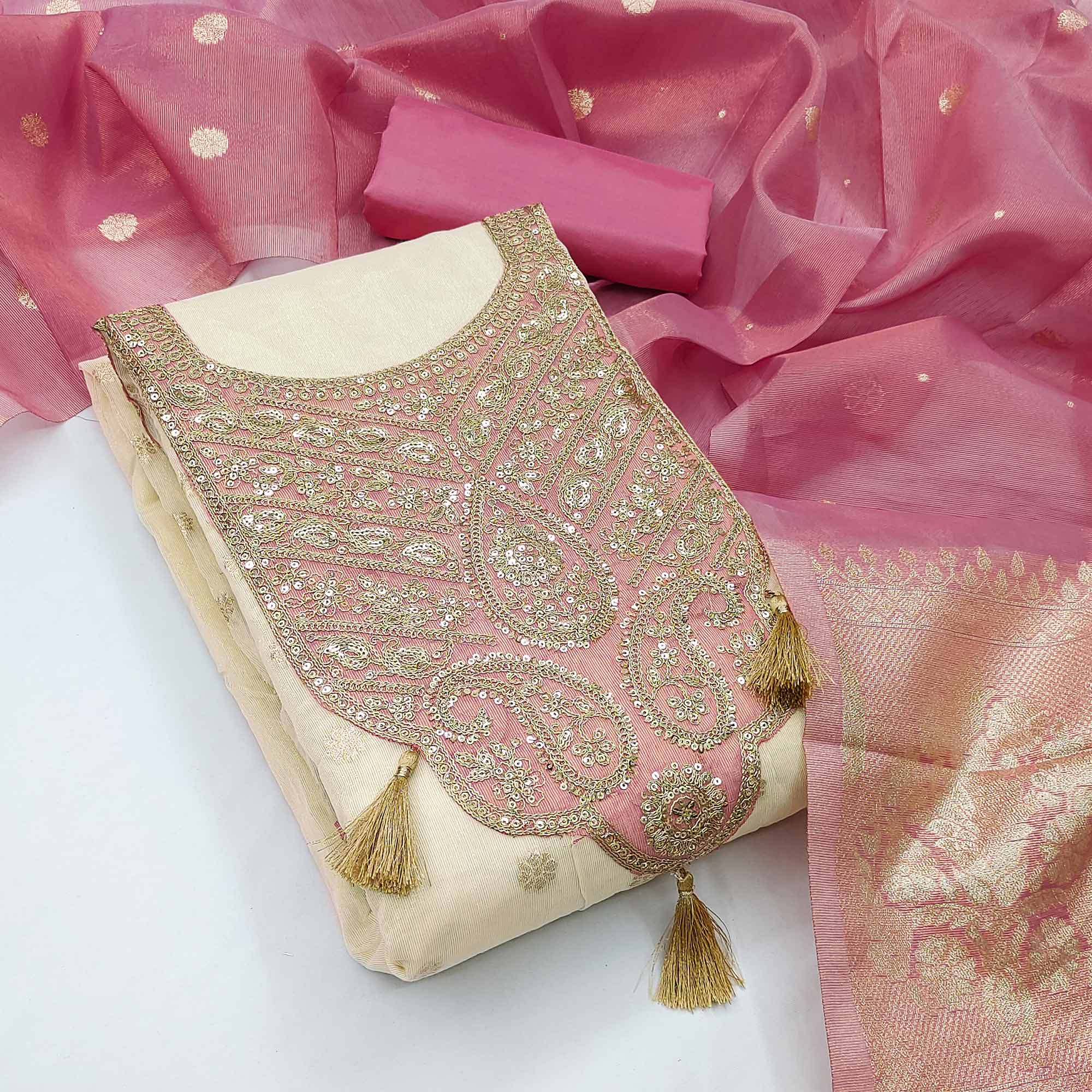 Cream & Pink Butti Weaving Shimmer Silk Dress Material Accented With Sequins Cording Embroidery
