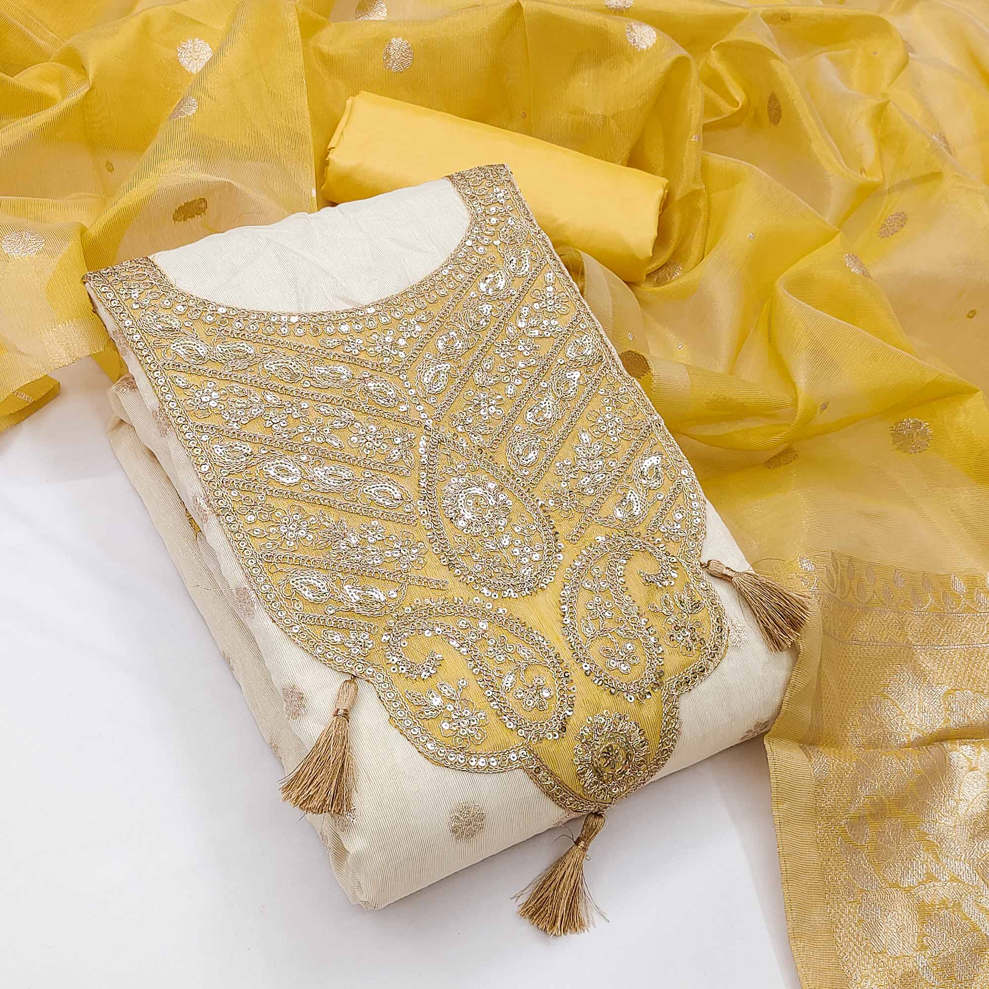 Cream & Yellow Butti Weaving Shimmer Silk Dress Material Accented With Sequins Cording Embroidery