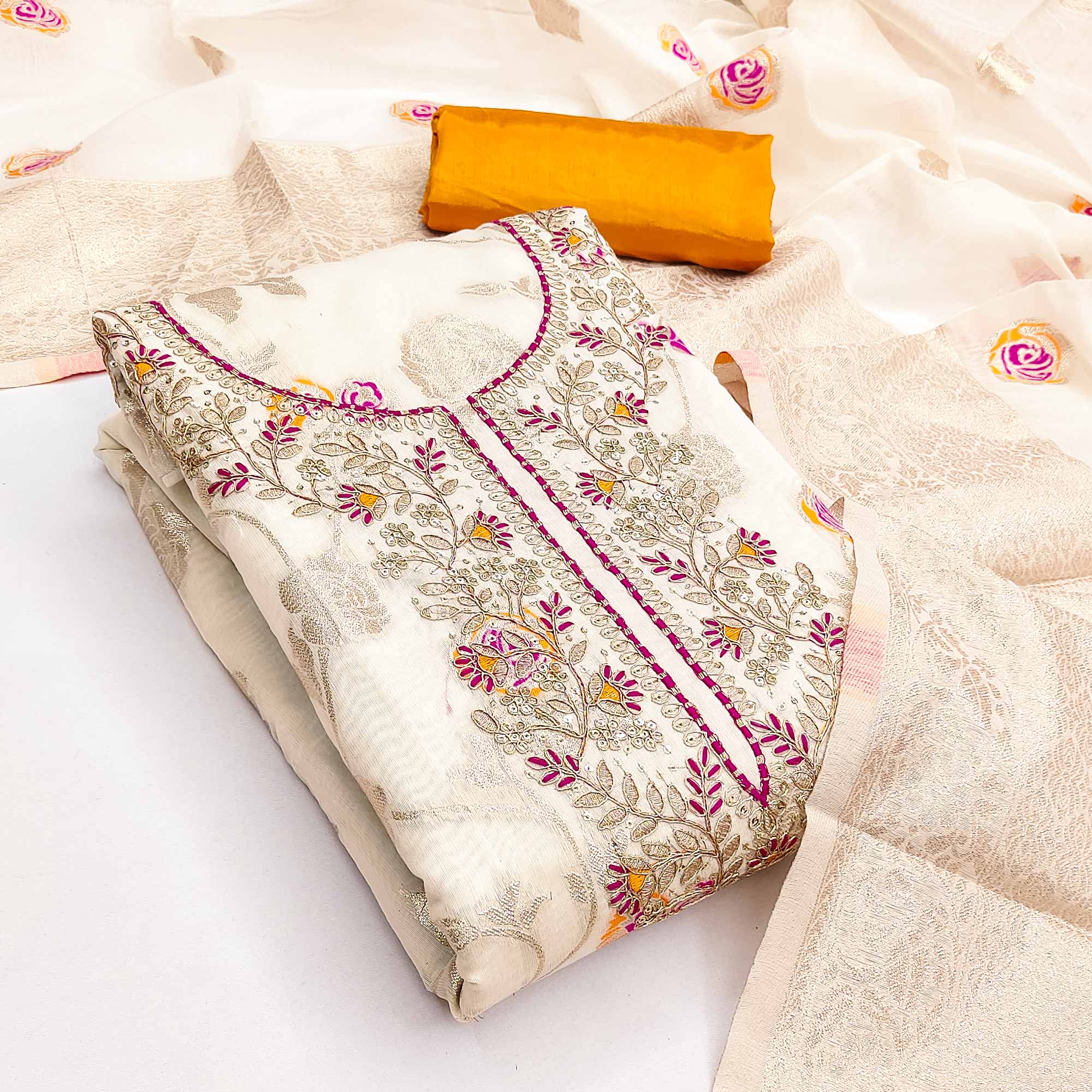Premium Cream Floral Meenakari Jacquard Weaving Dress Material With Sequins Cording Embroidery