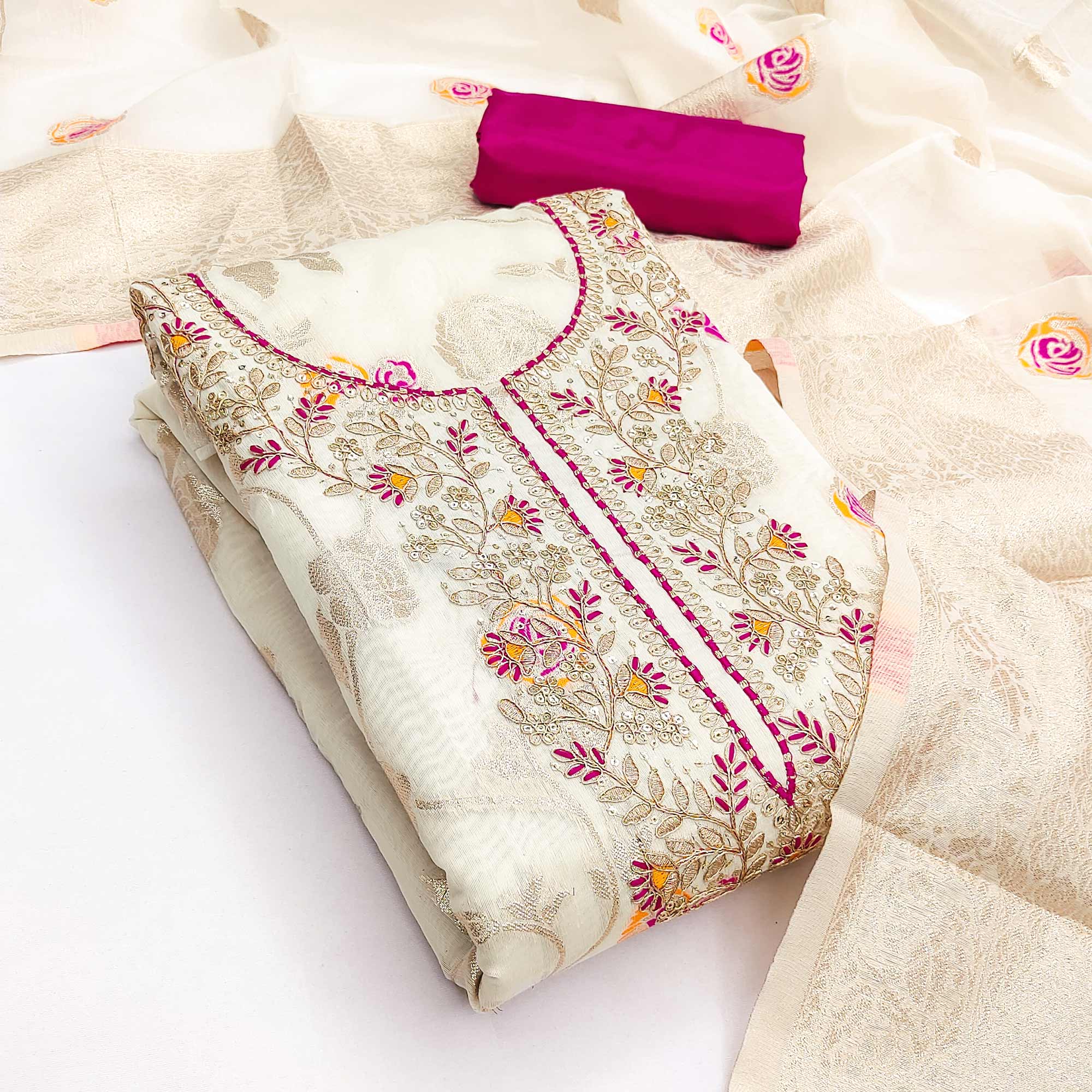 Elegant Cream Floral Meenakari Jacquard Weaving Dress Material With Sequins Cording Embroidery