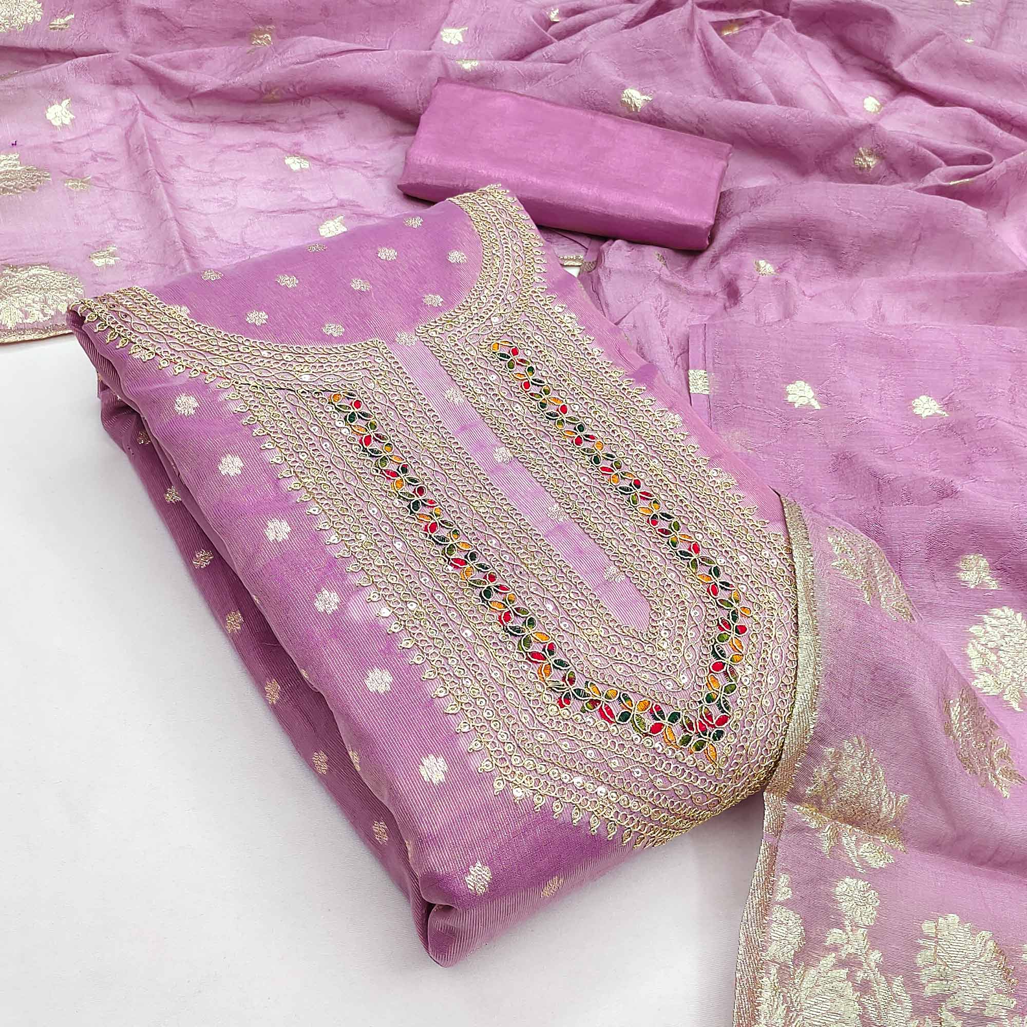 Exclusive Lavender Floral Butti Weaving Shimmer Silk Dress Material With Cording Sequins Embroidery