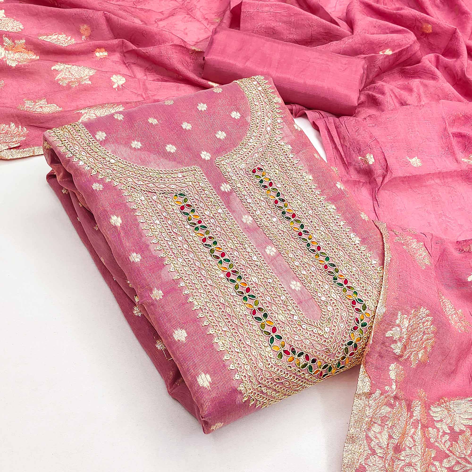 Exclusive Pink Floral Butti Weaving Shimmer Silk Dress Material With Cording Sequins Embroidery