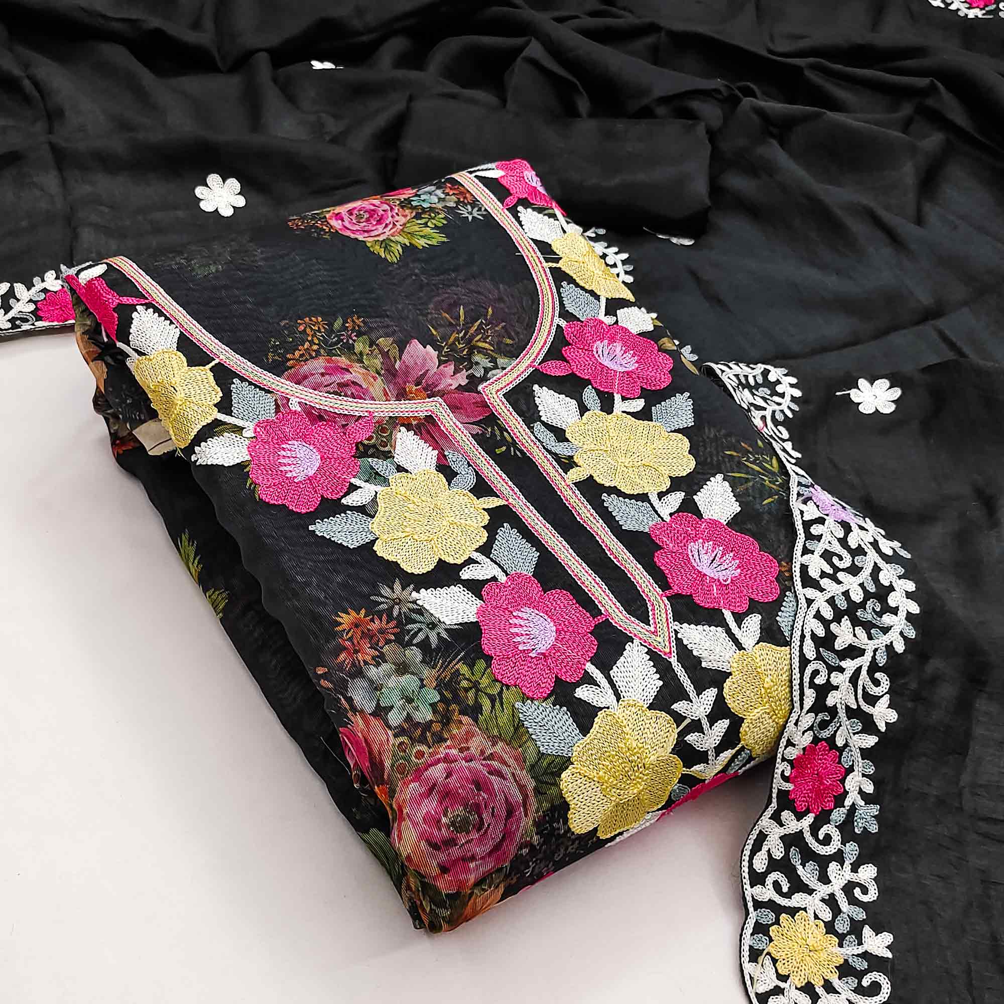 Designer Black Floral Digital Printed Shimmer Silk Dress Material Featuring Embroidery Work