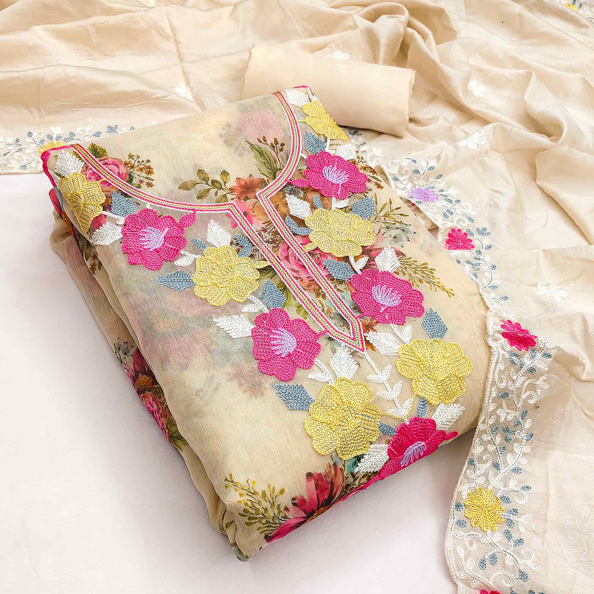 Designer Cream Floral Digital Printed Shimmer Silk Dress Material Featuring Embroidery Work