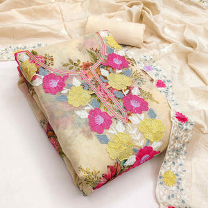 Designer Cream Floral Digital Printed Shimmer Silk Dress Material Featuring Embroidery Work