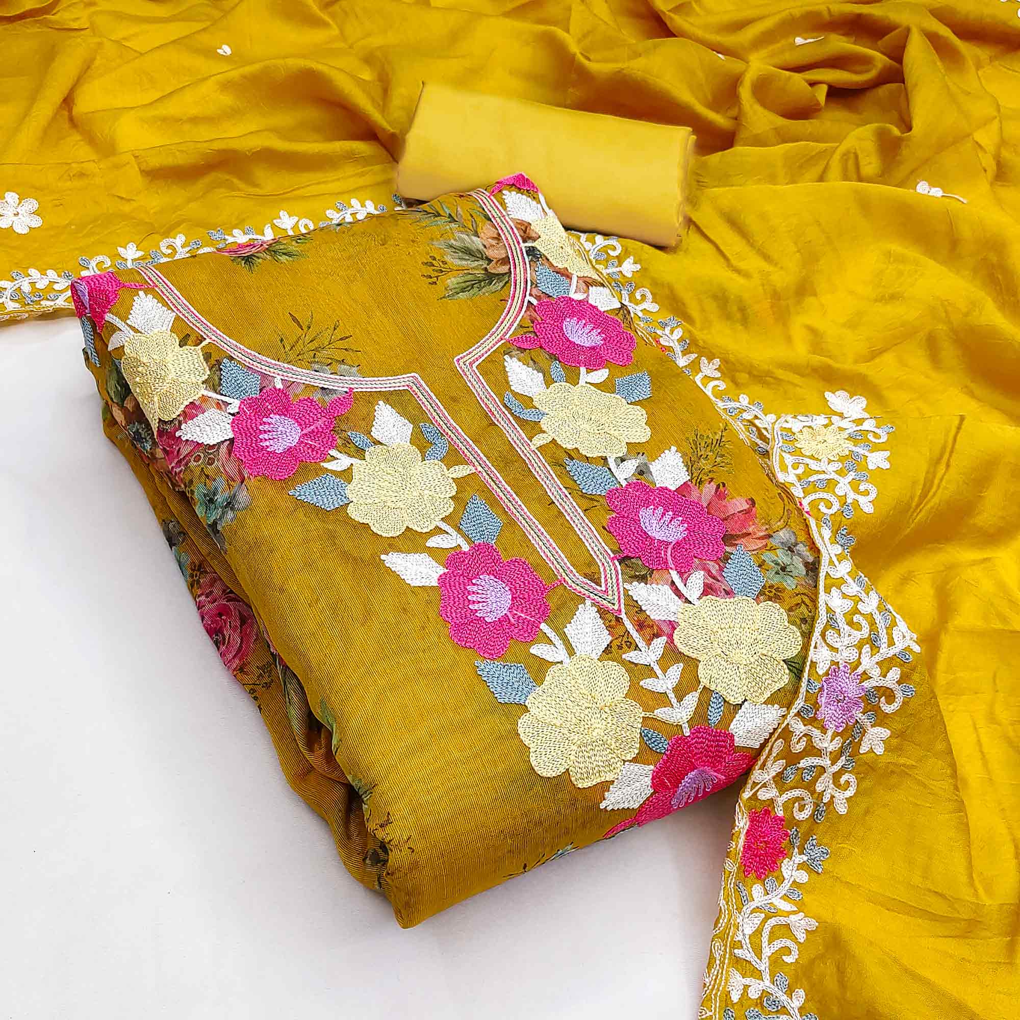 Designer Mustard Floral Digital Printed Shimmer Silk Dress Material Featuring Embroidery Work