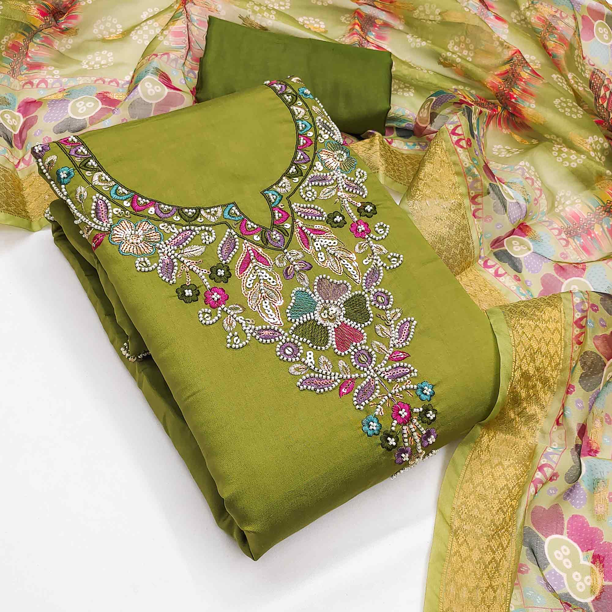 Exclusive Green Floral Embroidery Art Silk Dress Material With Sequins & Beads Work