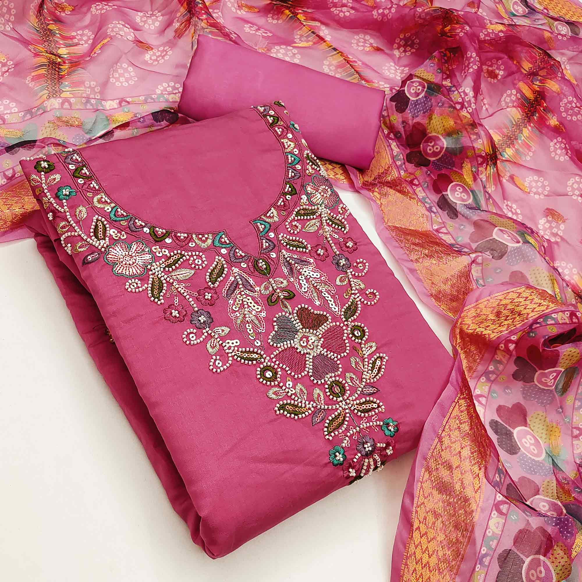 Exclusive Pink Floral Embroidery Art Silk Dress Material With Sequins & Beads Work