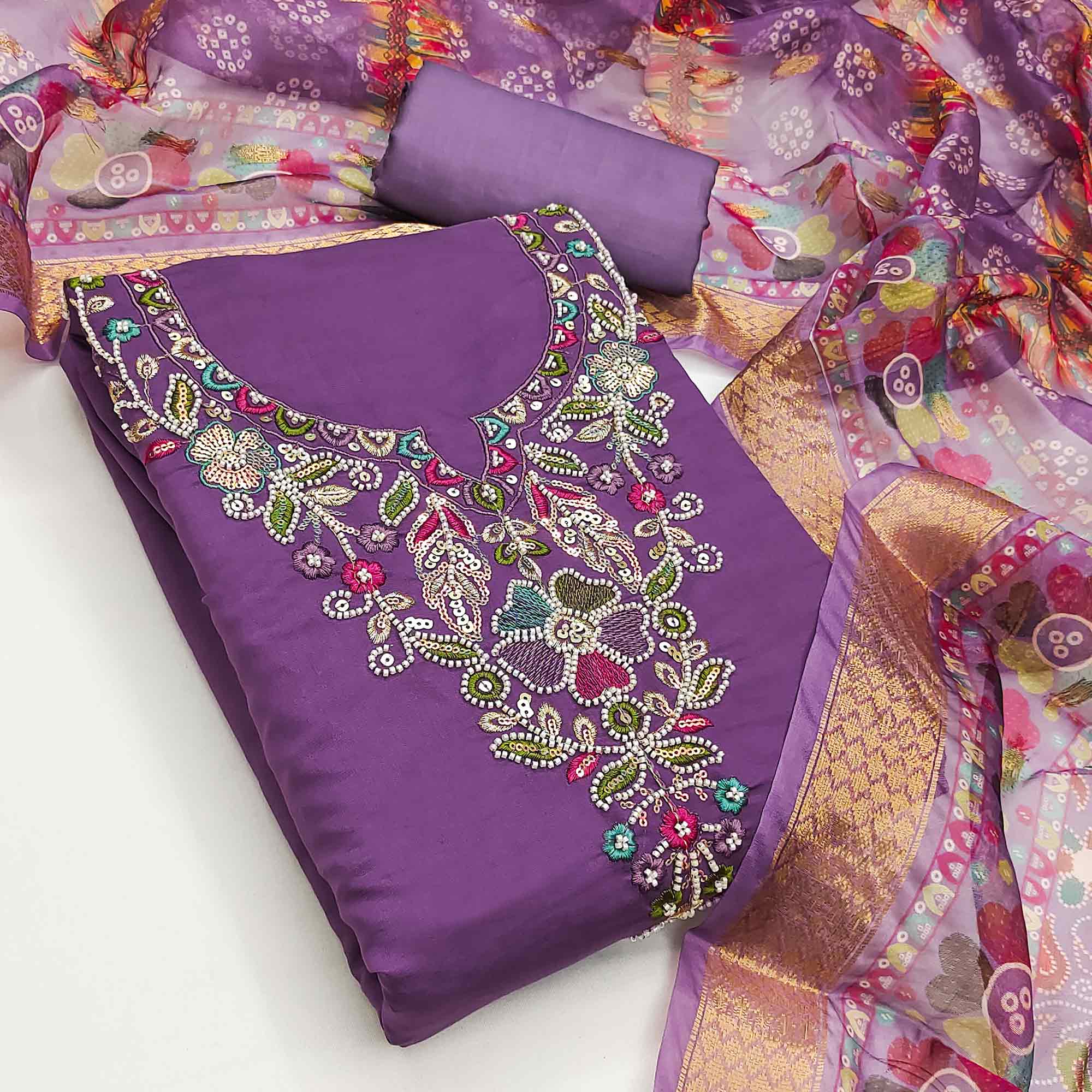 Exclusive Purple Floral Embroidery Art Silk Dress Material With Sequins & Beads Work