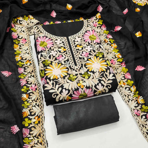 Black Designer Roman Art Silk Dress Material Adorned With Floral Thread Embroidery Work