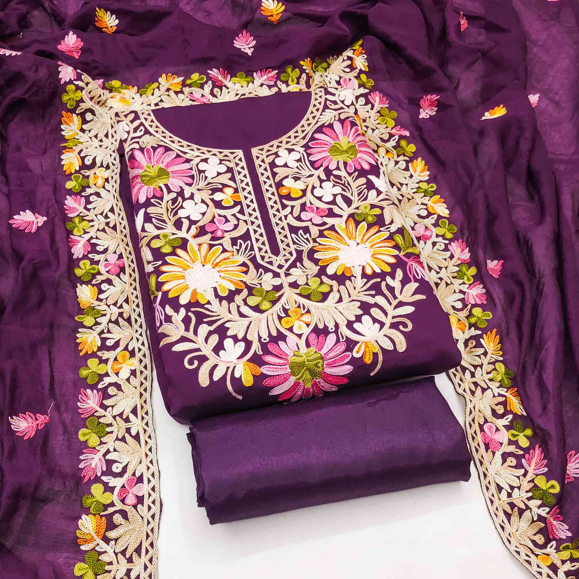 Purple Designer Roman Art Silk Dress Material Adorned With Floral Thread Embroidery Work