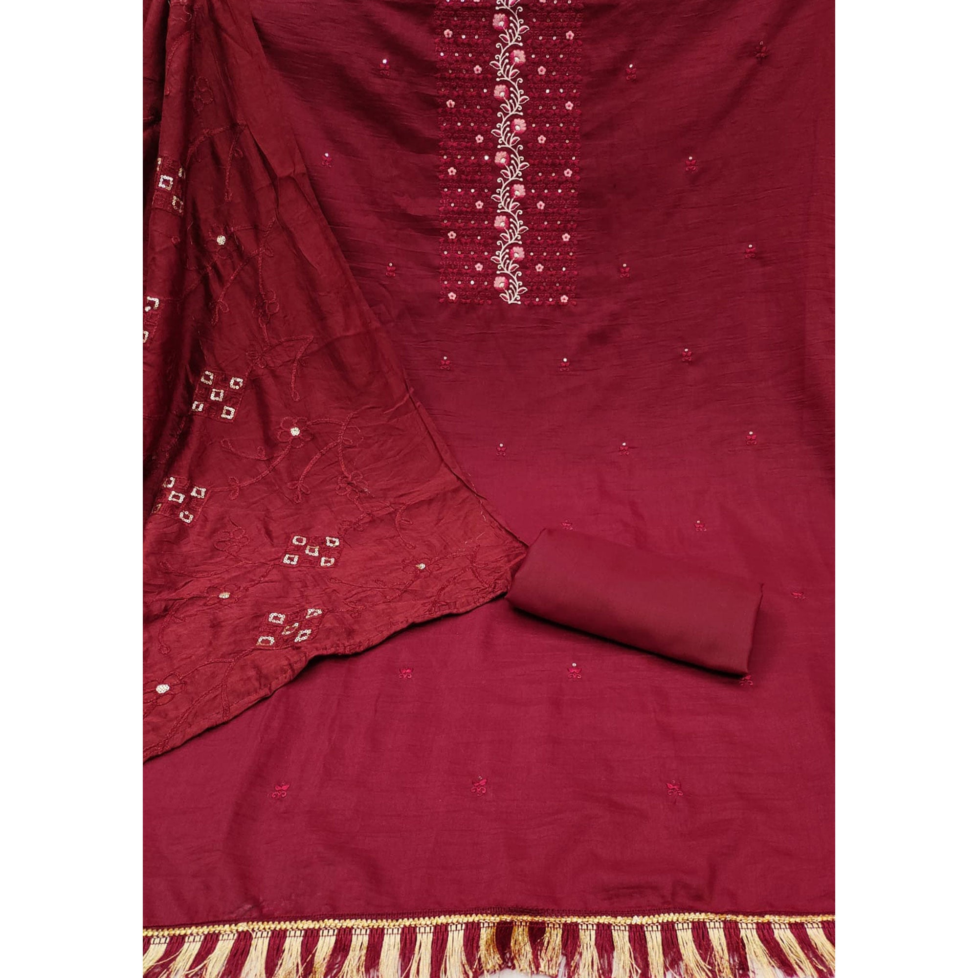 Maroon Floral Embroidered Cotton Blend Dress Material