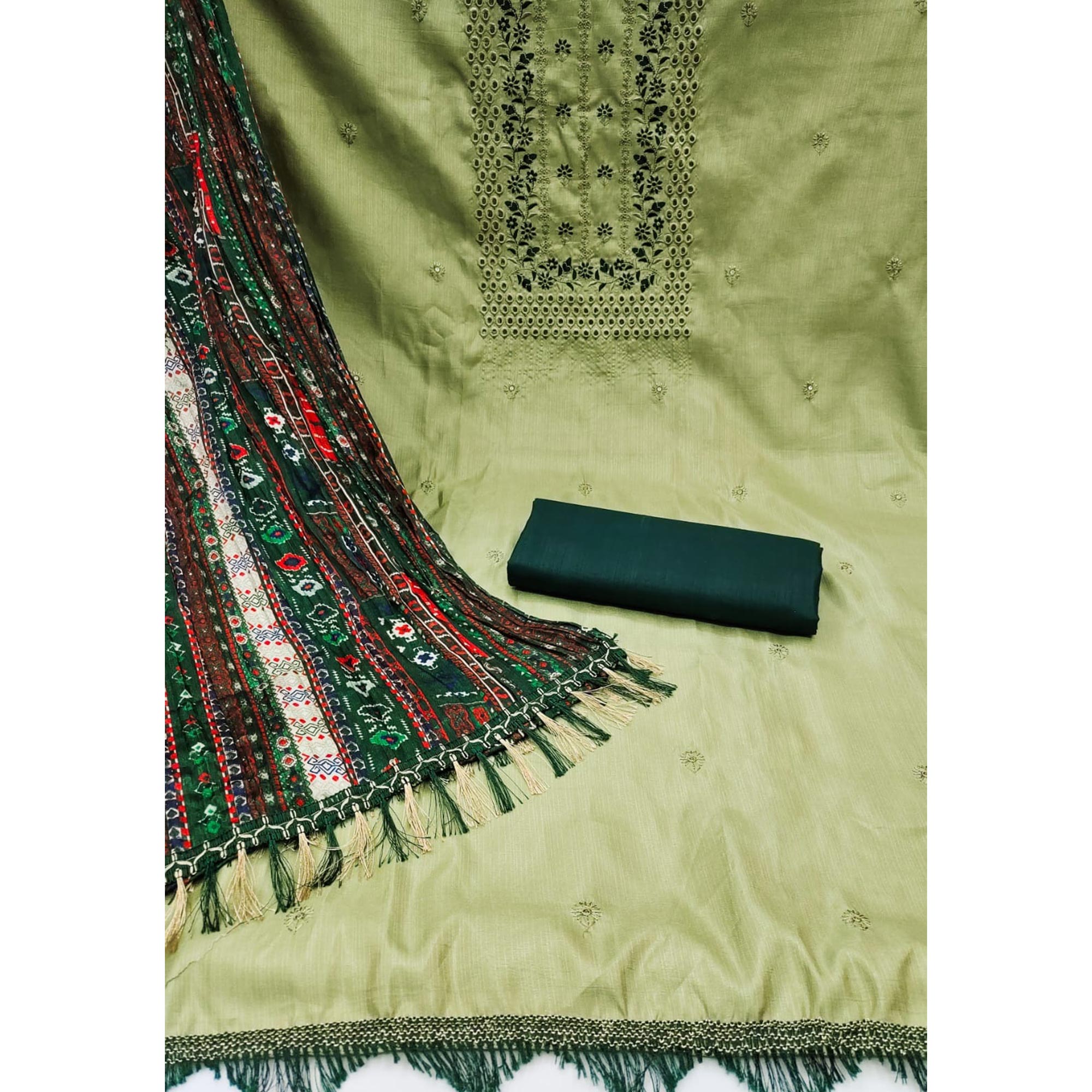 Green Floral Embroidered Cotton Blend Dress Material