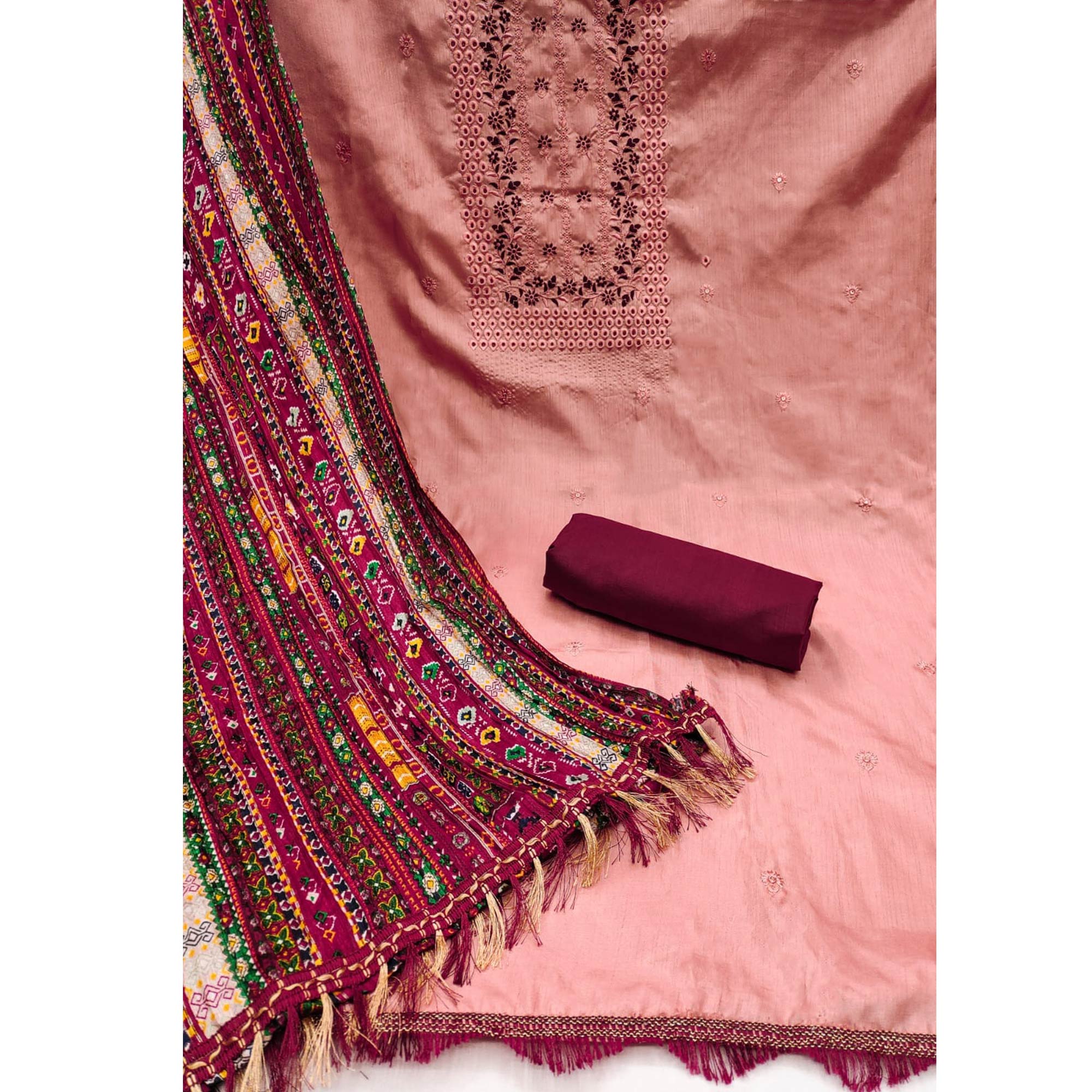 Peach Floral Embroidered Cotton Blend Dress Material