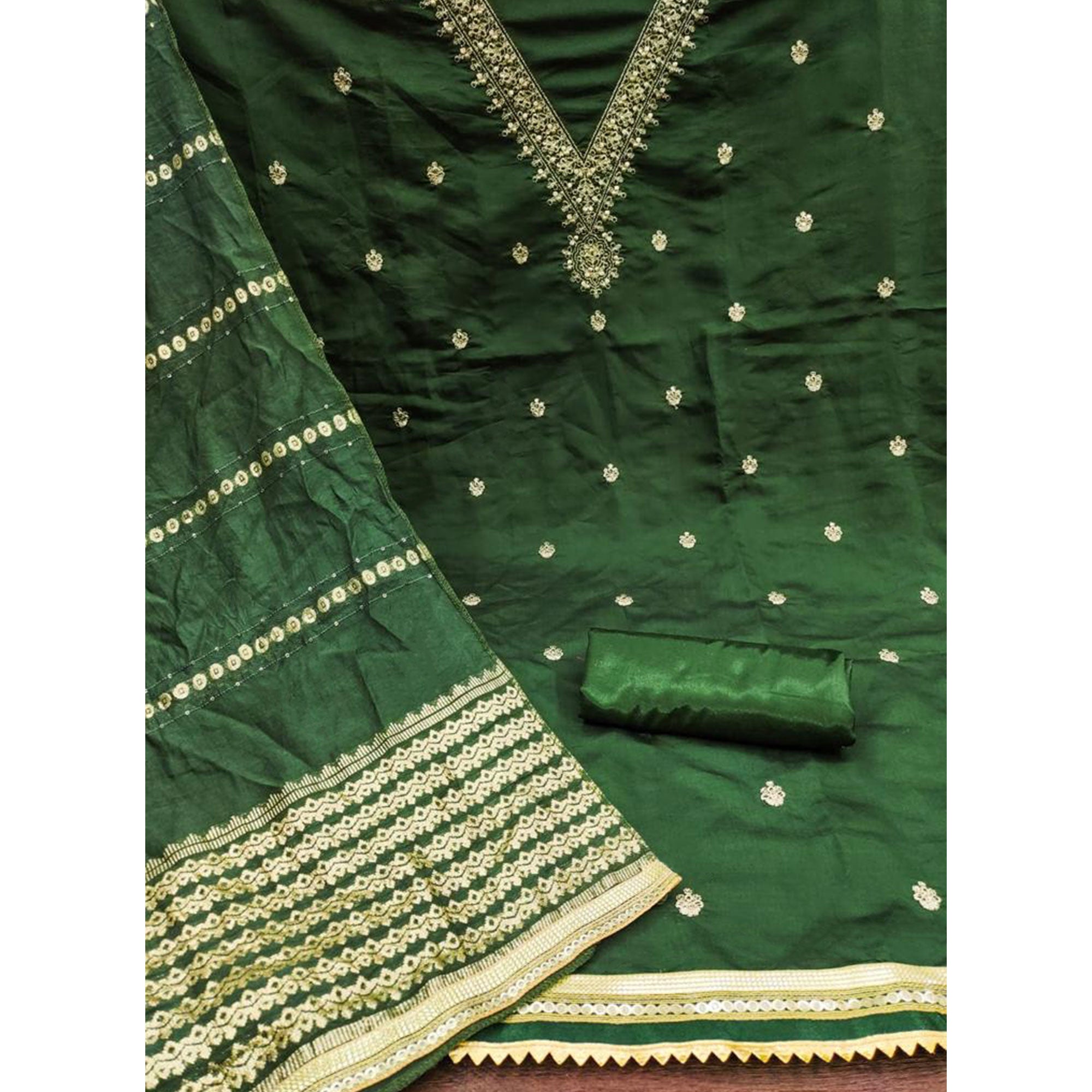 Green Embroidered Chanderi Silk Dress Material