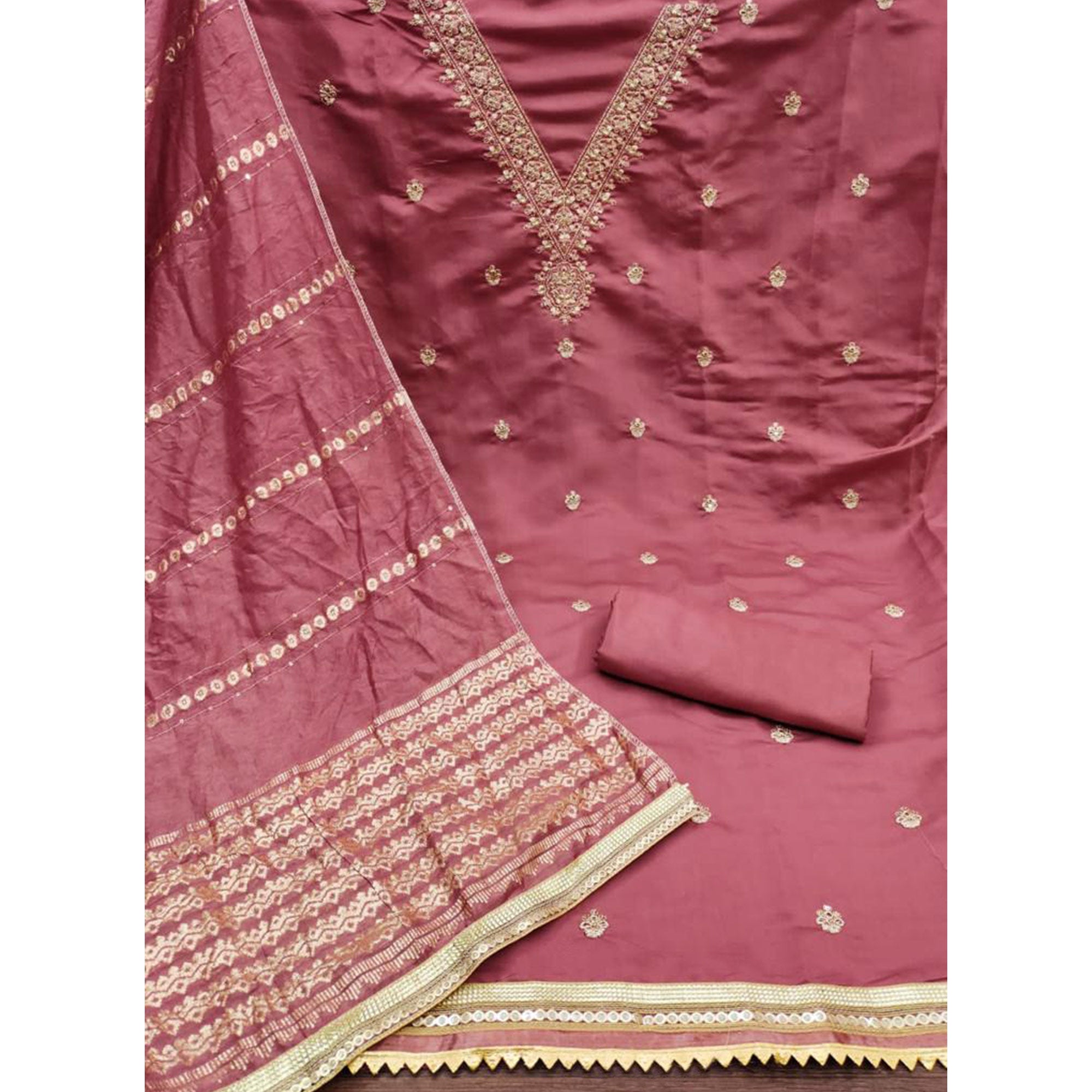 Pink Embroidered Chanderi Silk Dress Material