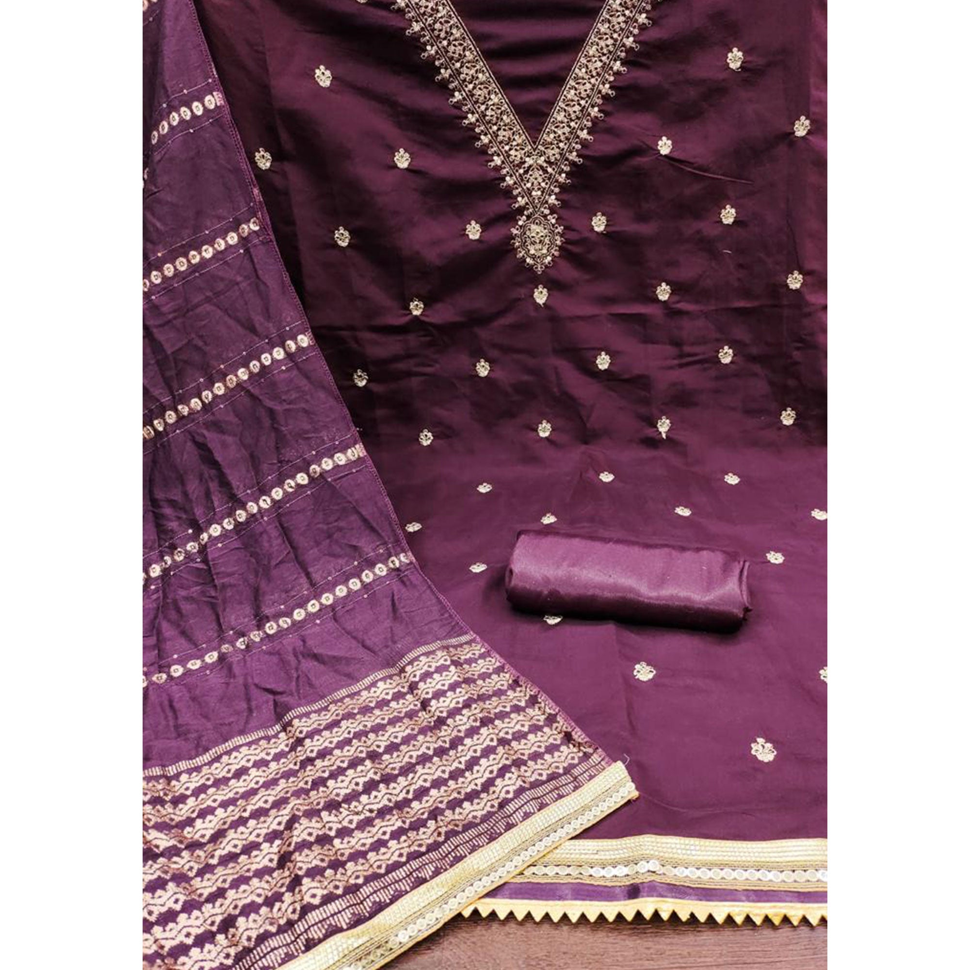 Wine Embroidered Chanderi Silk Dress Material