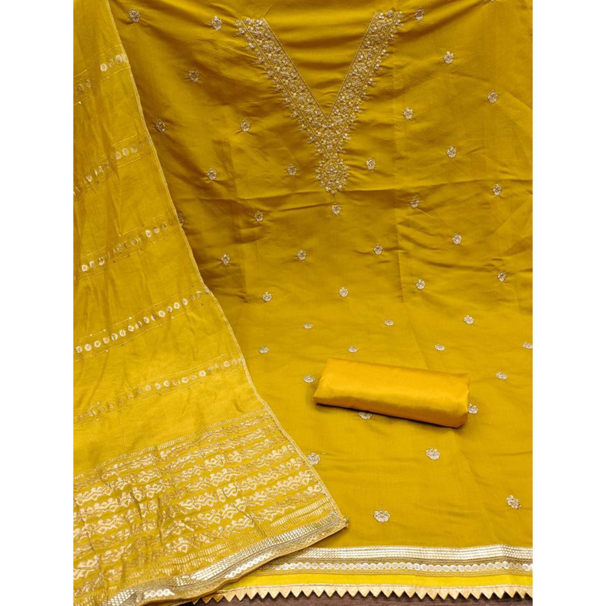 Yellow Embroidered Chanderi Silk Dress Material