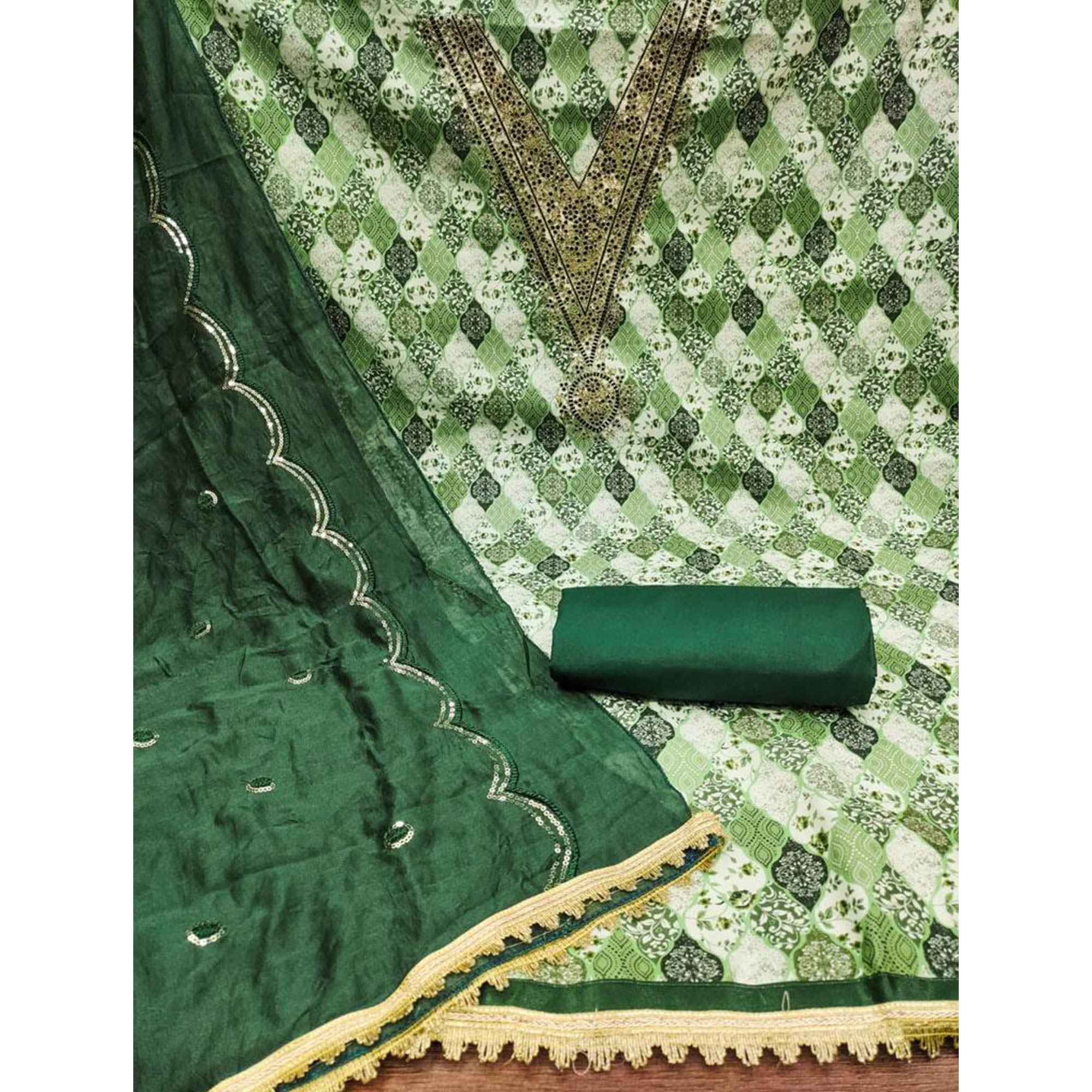 Green Digital Printed With Embroidered Cotton Blend Dress Material